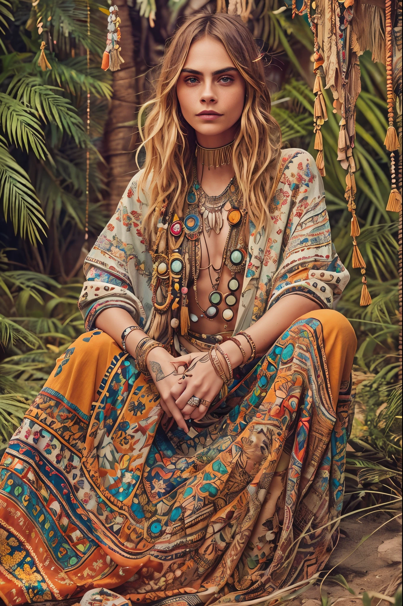 "Gere uma arte com tecnologia de IA que capture a essência de espírito livre de Cara Delevingne de uma forma inspirada no estilo boho. Imagine-a em um conjunto que combina perfeitamente o toque boêmio com a elegância contemporânea, apresentando tecidos expostos e fluidos que caem sem esforço. Imagine-a adornada com acessórios ecléticos, como joias em camadas, penas, e tecidos texturizados que refletem seu espírito despreocupado e aventureiro. Defina o cenário em um cenário de natureza ou em um ambiente de inspiração boho, com calor, tons terrosos realçando a estética geral. Use uma paleta de cores vibrantes para transmitir a vibe boêmia e a individualidade de Cara Delevingne. A imagem final deve ser uma representação visualmente encantadora de Cara Delevingne abraçando um estilo boho-chic com um toque moderno.."