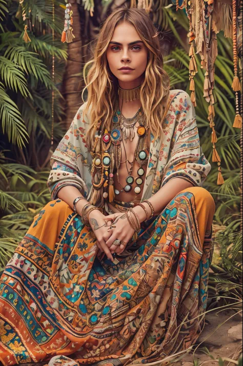 "Generate an AI-powered artwork that captures the free-spirited essence of Cara Delevingne in a boho-inspired fashion. Envision ...