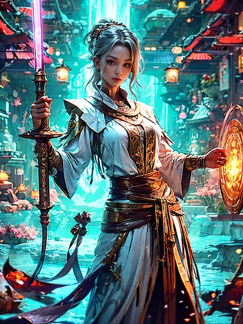 broadsword in right hand、A girl with long straight silver hair who holds a tower shield in her left hand.