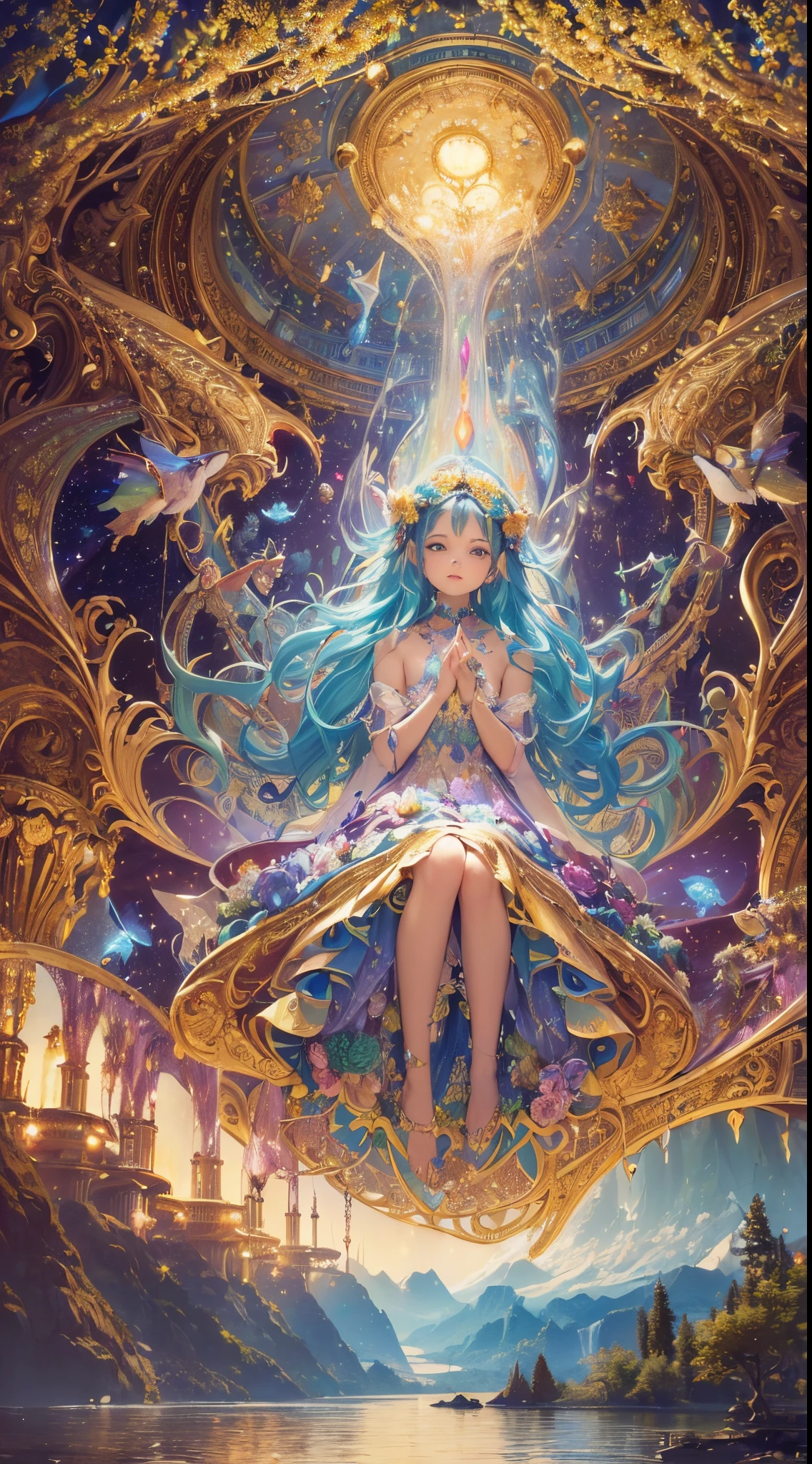 (high quality:1.4), (best quality:1.4), (masterpiece:1.4), official art, official wallpaper, surreal, beautifulgoddess, (1woman:1.1), (long wavy hair:1.1), (flower crown:1.1), (mystical creatures:1.1), (floating islands:1.1), (detailed landscape:1.1), (magic in the air:1.1), (stardust:1.1), night sky, (whimsical atmosphere:1.1), (dreamlike world:1.1), (bubbles:1.1), flying books, (luna moths:1.1), (moonlight:1.1), enchanted forest, (wisdom:1.1), (powerful energy:1.1), (guardian angels:1.1), (peaceful:1.1), vibrant colors, (detailed:1.05), (extremely detailed:1.06), sharp focus, (intricate:1.03), cinematic lighting, (extremely intricate:1.04), (epic scenery:1.09), vibrant colors, (beautiful scenery:1.08), (detailed scenery:1.08), (intricate scenery:1.07), (wonderful scenery:1.05),, (sharp focus,absurdres,high quality,masterpiece,highres,best quality:1.5)