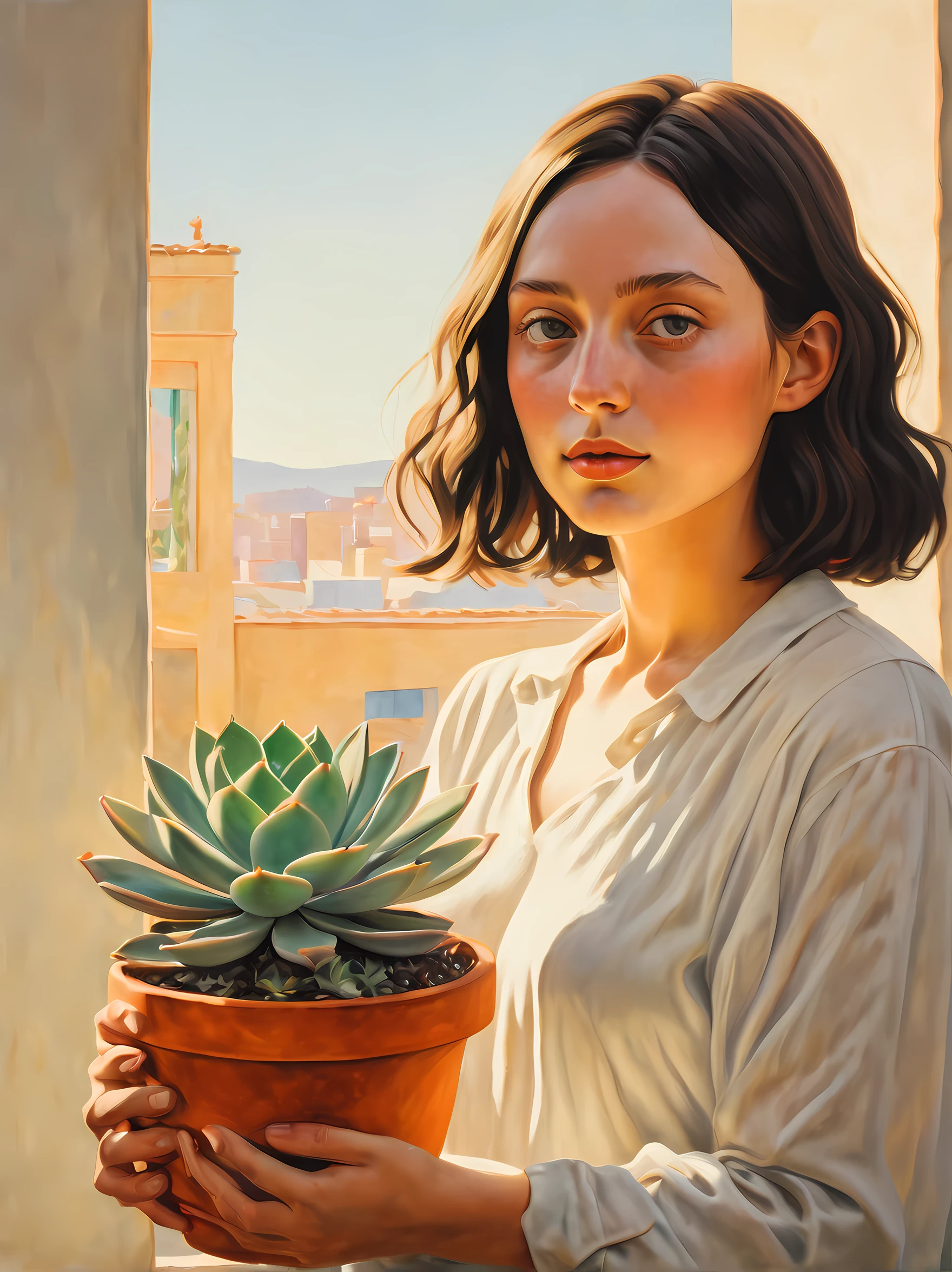 A breathtaking painting inspired by the memorable scene from "Leon: The Professional" where the young female protagonist tenderly holds a succulent plant in a flower pot, basking in the warm embrace of sunlight. The artist skillfully brings out the vibrant colors and intricate details of the plant, making it the focal point of the composition. The painting exudes a sense of tranquility and serenity, inviting viewers to appreciate the beauty of nature and the delicate connection between humans and plants. Created by renowned contemporary artist Georgia O'Keeffe, this masterpiece celebrates the simple yet profound beauty found in everyday moments，((Best quality)), ((Masterpiece)), ((Realistic))，axial symmetry，anatomy correct，