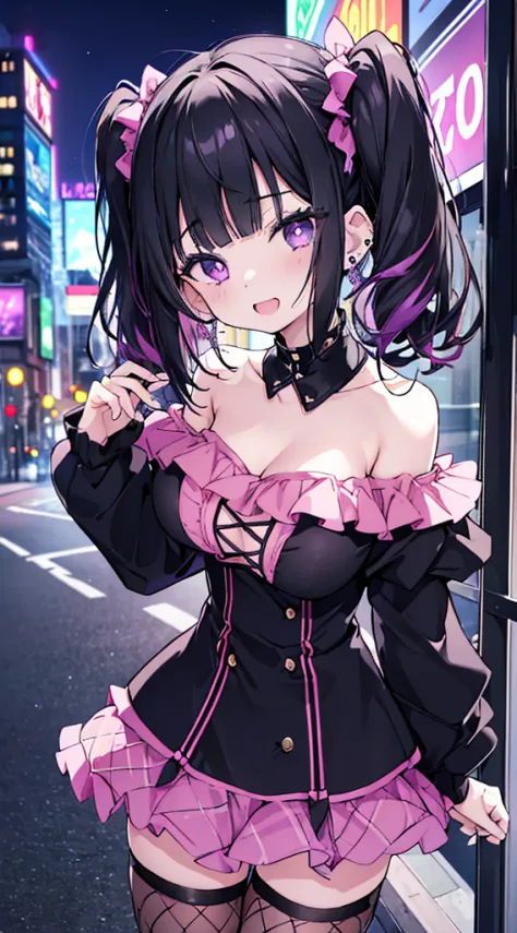 (8k、Top image quality、top-quality、​masterpiece)、1 girl in、Black hair twintails、short-hair、waved hair、blunt bangs、Purple eyes、Ope...