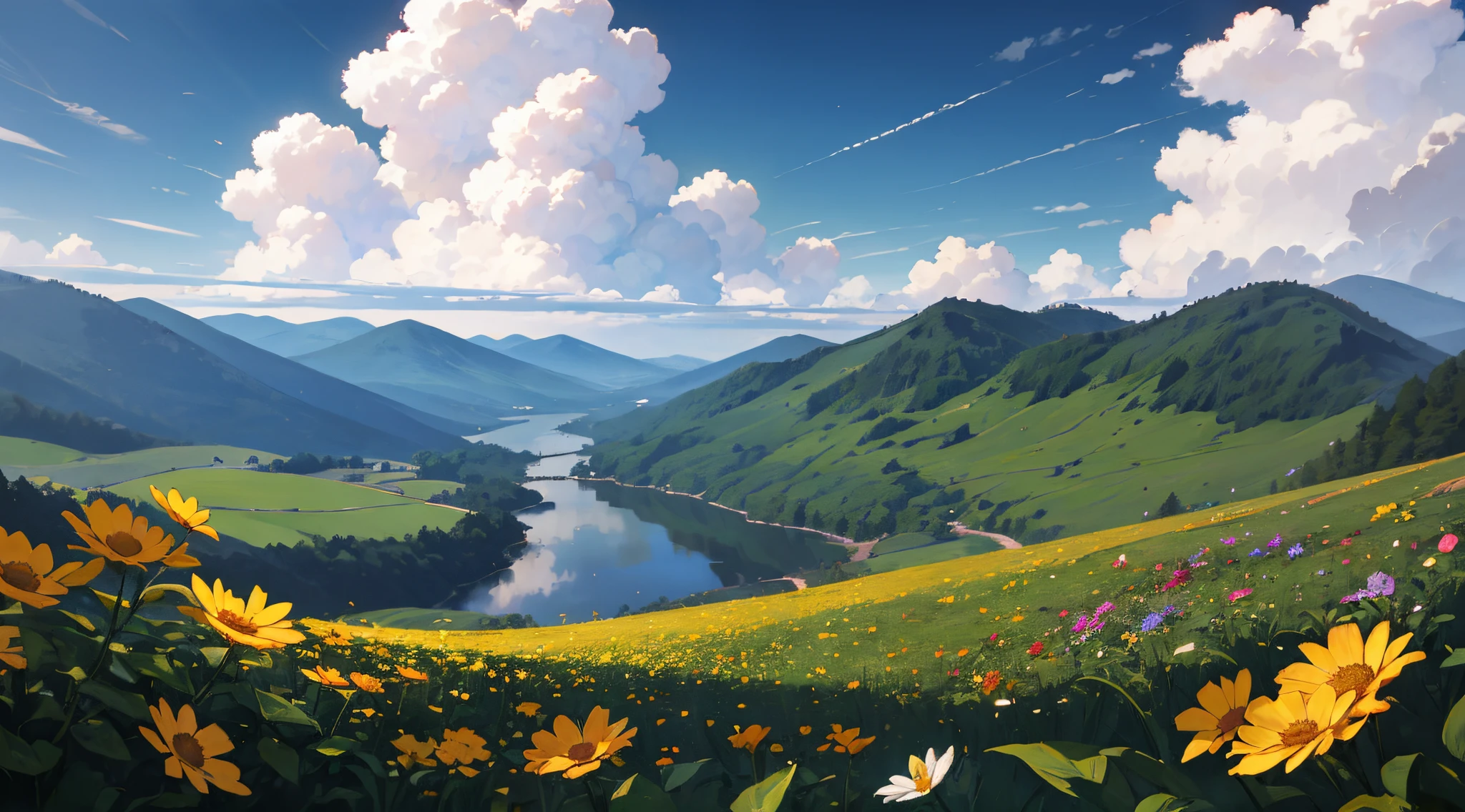 Summer, Wiesen, ein paar kleine Blumen, klare Seen, Himmel, große Wolken, blauer Himmel, heißes Wetter, HD-Details, Hyper-Detaillierung, filmisch, Sanftes Licht, tiefes Feld Fokus Bokeh,Mt. Tsukuba、Kasumigaura