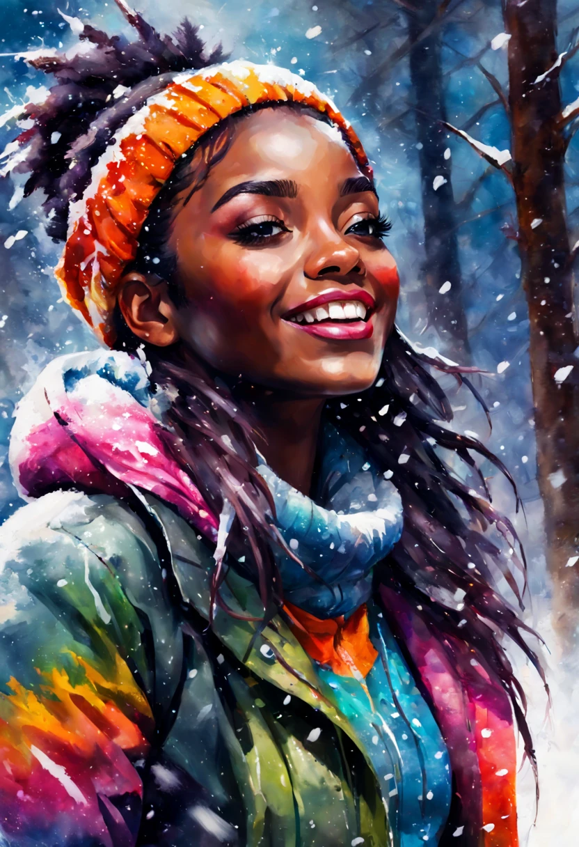 Garota de ébano aproveitando a queda de neve, roupa colorida de inverno se destaca, Cena enérgica e animada.
Estilo de Gabriele Dell&#39;otto, Meio da jornada de IA, cores saturadas brilhantes, aquarela, pinturas à óleo,   HDR, 500 pixels, 4K,