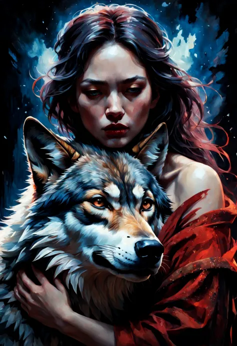 Best quality cinematic painting of a beautiful woman in deep embrace with her wolf companion, both with open eyes, set against a...