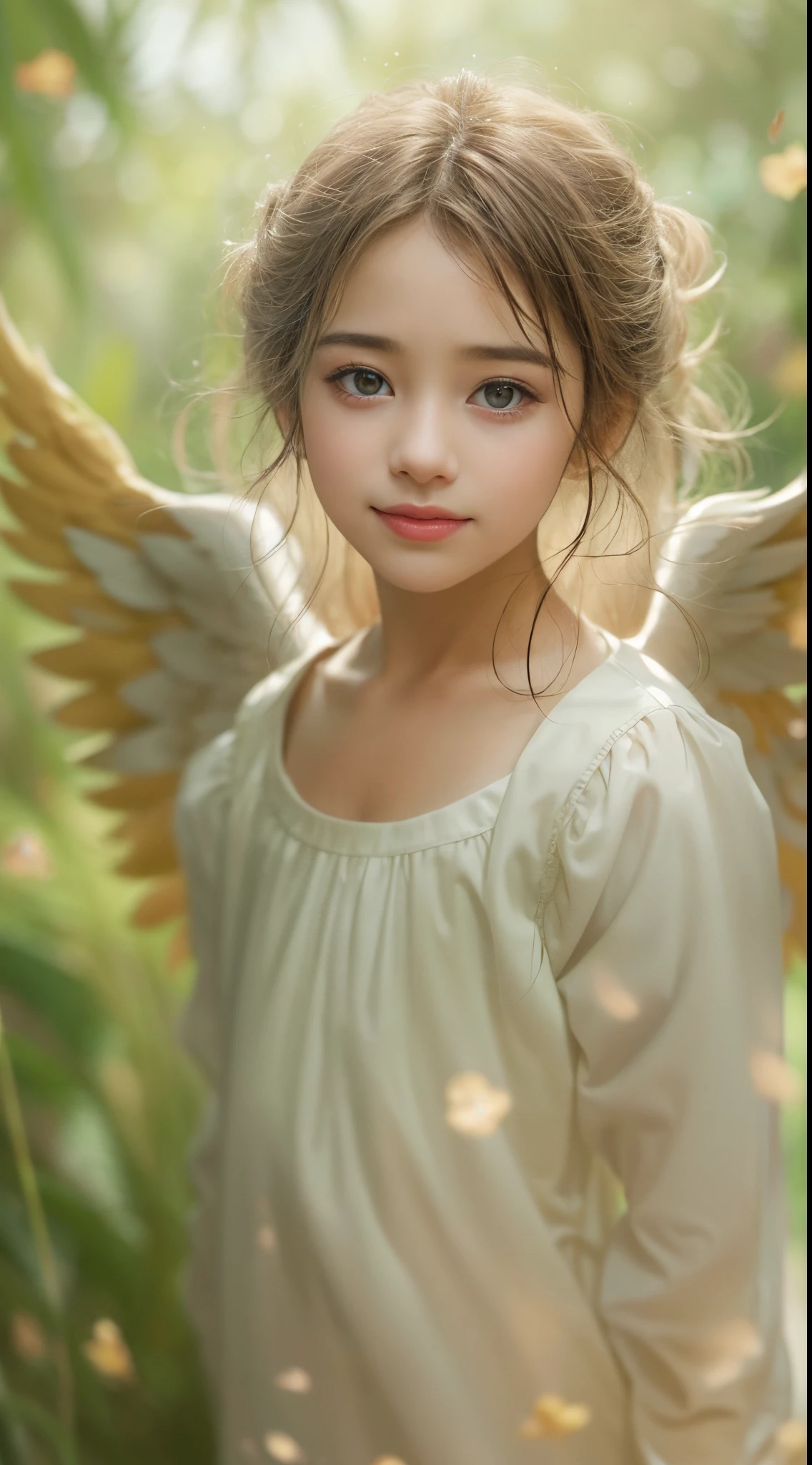 A close up of a young girl with a white dress and angel wings - SeaArt AI