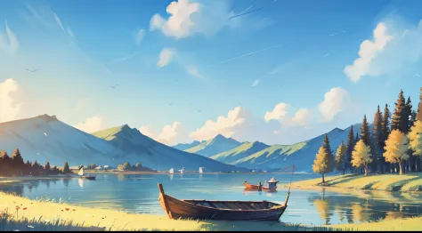 Shore，fishing boat，with blue sky and white clouds，grassy fields，at a forest，Far Mountain。