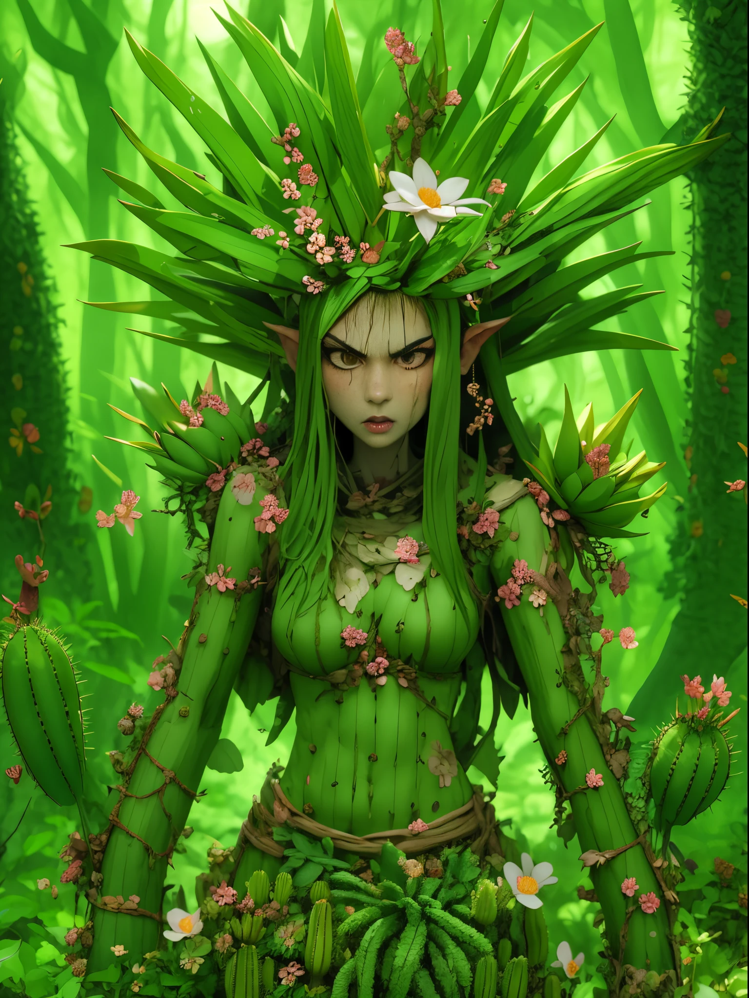 Злая кактусовая дриада в лесу. Цветы кактуса， Лицо очень детальное, подробные глаза， Вода на лице，одежда из листьев и коры.