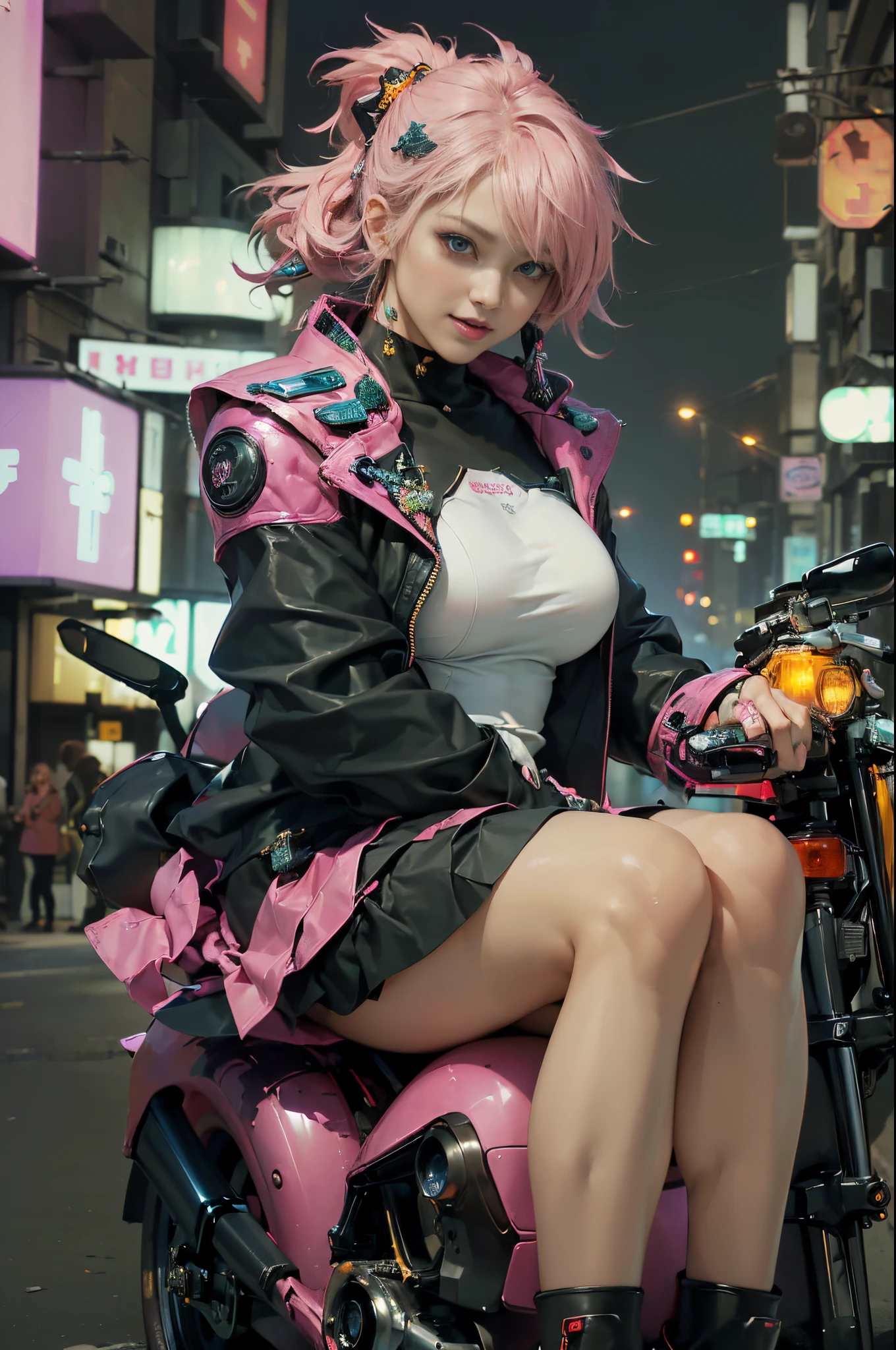 （(Multiple award-winning works, With incredible details, textures and maximum detail，(フォトリアリスティック))）, ((Describing photos on the streets of Harajuku，A woman who is，dressed in：Harajuku style clothing，(Confident laughter)， ((Stand in front of the motorcycle)), (((harley davidson motorbike)))，(((the right motorcycle：1.7)))，(((Correct ratio of people to vehicles：1.6)))，Bold colors and patterns, eye-catching accessories, Stylish and innovative hairstyle，Pick dyeing：1.6，))，Teenage girl，girl，Rebellious girl，((Slim sexy girl))，(lovely small breasts)， (Full-body image：1.2)， (best quality real texture skin), ((five perfect and beautiful fingers)), (Anatomically correct limbs and physique:1.5), (Anatomically correct perspective and occlusion：1.5)，(The feminine characteristics are very obvious：1.5)，(Exquisite, round and symmetrical eyes), (correct faces), ((A detailed的the face：1.6)), ((Add some scenes：bedazzled，cyberpunk city landscape, skyscrapper, neonlight, LED lights))， (Complicated details:1.1), the complex background))， ((Bright and vivid color scheme))，((dynamic viewing angle+dynamic combination))，cyber punk style，Dressed in Harajuku style clothing（reelmech）， city night，