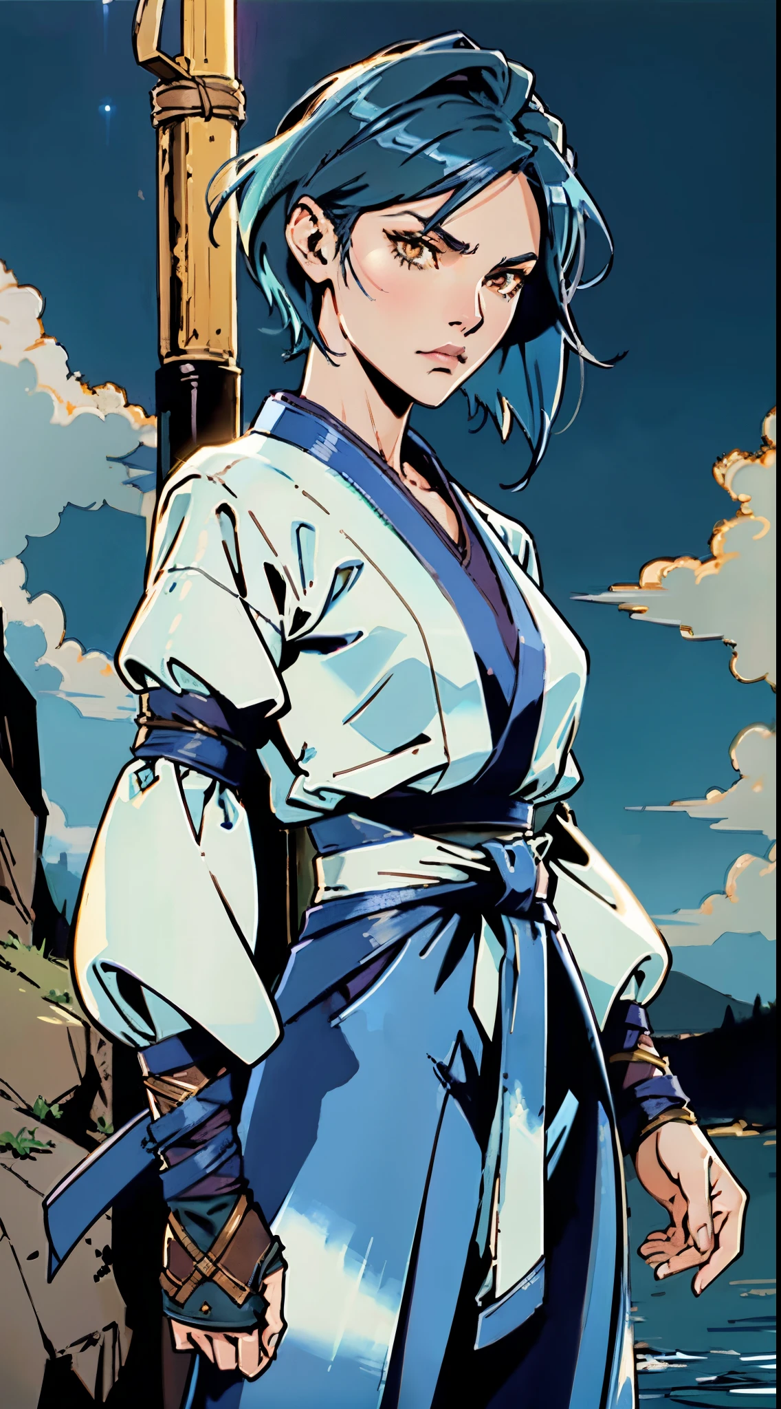 A young women, indigo blue hair, raised and fluffy short hairstyle, sharp gaze, a serious expression, a fantasy martial arts style sky-blue fabric kung fu outfit, tattered sleeves, hands wrapped with cords, a linen belt tied around the waist, coarse fabric trousers, on the cliff in the darkness of the night, this character embodies a finely crafted fantasy martial arts-style fighter in anime style, exquisite and mature manga art style, high definition, best quality, highres, ultra-detailed, ultra-fine painting, extremely delicate, professional, anatomically correct, symmetrical face, extremely detailed eyes and face, high quality eyes, creativity, RAW photo, UHD, 8k, Natural light, cinematic lighting, masterpiece-anatomy-perfect, masterpiece:1.5