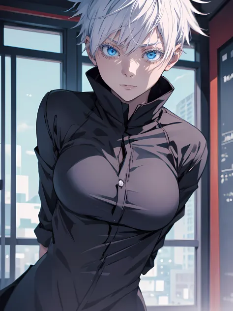 woman, famale version, female, solo, alone, jujutsu kaisen, white hair, white eyebrows, white eyelashes, light blue eyes, detail...