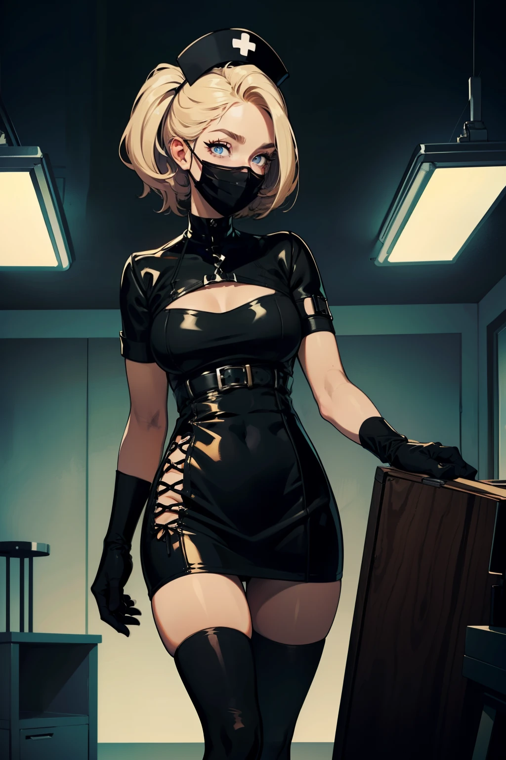 black nurse, 1woman, solo, black nurse cap, black wear, ((black legwear, zettai ryouiki)), black elbow gloves, blonde hair, blue eyes, ((black surgical mask, covered nose)), standing, ((surgery room)), sharp outline, short sleeves, mature female, 35 years old, best quality, masterpiece