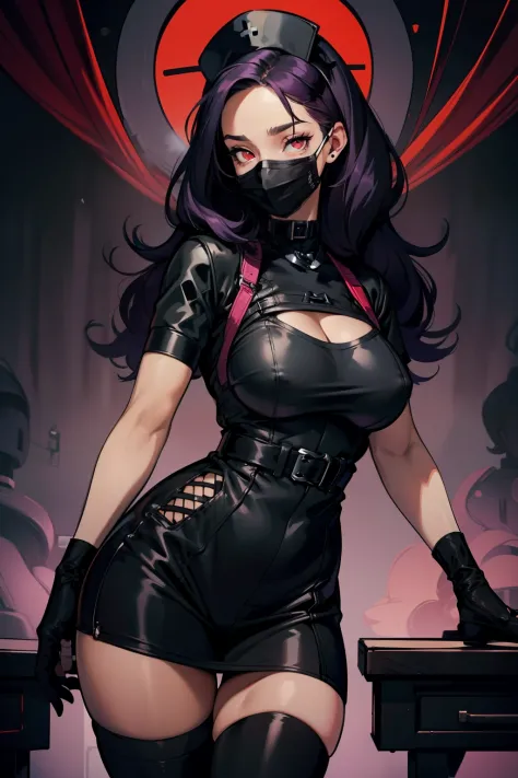 black nurse, 1woman, solo, black nurse cap, black wear, ((black legwear, zettai ryouiki)), black elbow gloves, long hair, purple...