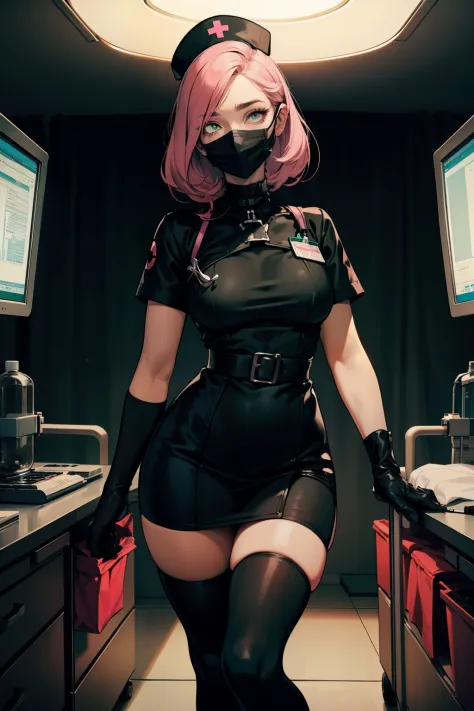 black nurse, 1woman, solo, black nurse cap, black wear, ((black legwear, zettai ryouiki)), black elbow gloves, pink hair, green eyes, drooping eyes, ((black surgical mask, covered nose)), standing, ((surgery room)), sharp outline, short sleeves, mature fem...