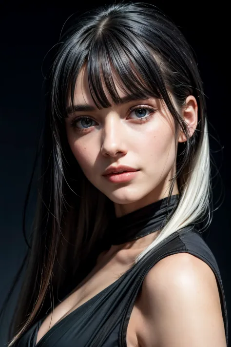 RAW photo, face portrait photo of beautiful young female with long sleek black hair with bangs ((flat bangs)), green eyes, 18ish...