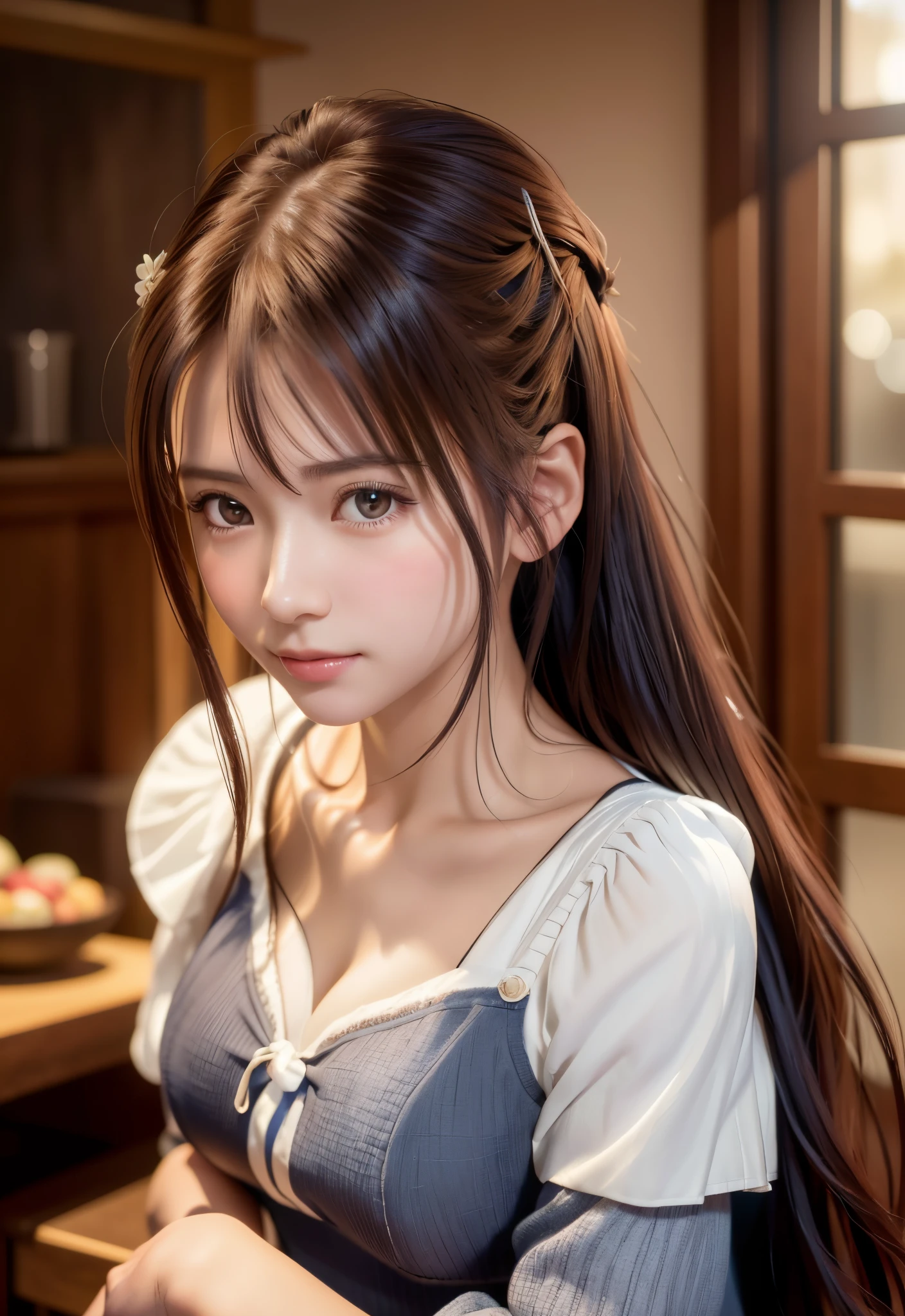 8K, of the highest quality, masutepiece:1.2), (Realistic, Photorealsitic:1.37), of the highest quality, masutepiece, Beautiful young woman、A charming、and an inviting look, Cute Maid Clothes, Hair tied back, Cinematic background, Light skin tone