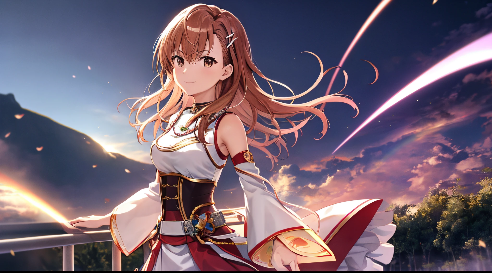 Anime view of Misaka mikoto, 1girl, teen girl, kawaii, solo, chestnut hair, hairpin,brown eyes, standing, looking at viewer,smile,saint seiya armor,praying beads on neck, long skirt,flower fields in greek Acropolis waterfalls,rainbow clouds,anime style,deep depth of field,wide angle view,Lumen Reflections,Screen Space Reflections,Diffraction Grading,Chromatic Aberration,GB Displacement,Scan Lines,Ray Traced,Anti-Aliasing,FXAA,TXAA,RTX,SSAO,Shaders,OpenGL-Shaders,GLSL-Shaders,Post Processing,Post-Production,cell Shading,Tone Mapping,CGI,VFX,SFX,insanely detailed and intricate, 4K