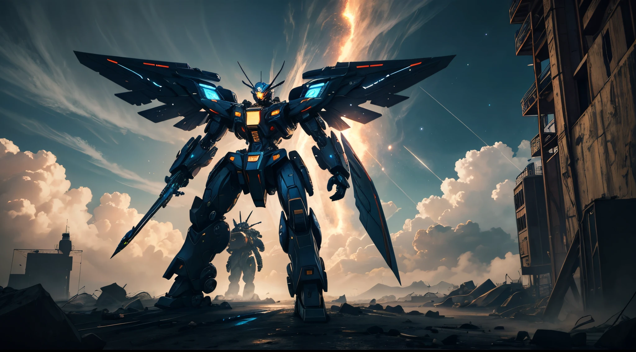 (masterpiece, best quality:1.3), wallpaper, cinematic lighting, sky, cloud, glowing, glowing eyes, full body mecha, science fiction, space, realistic, mecha, wings