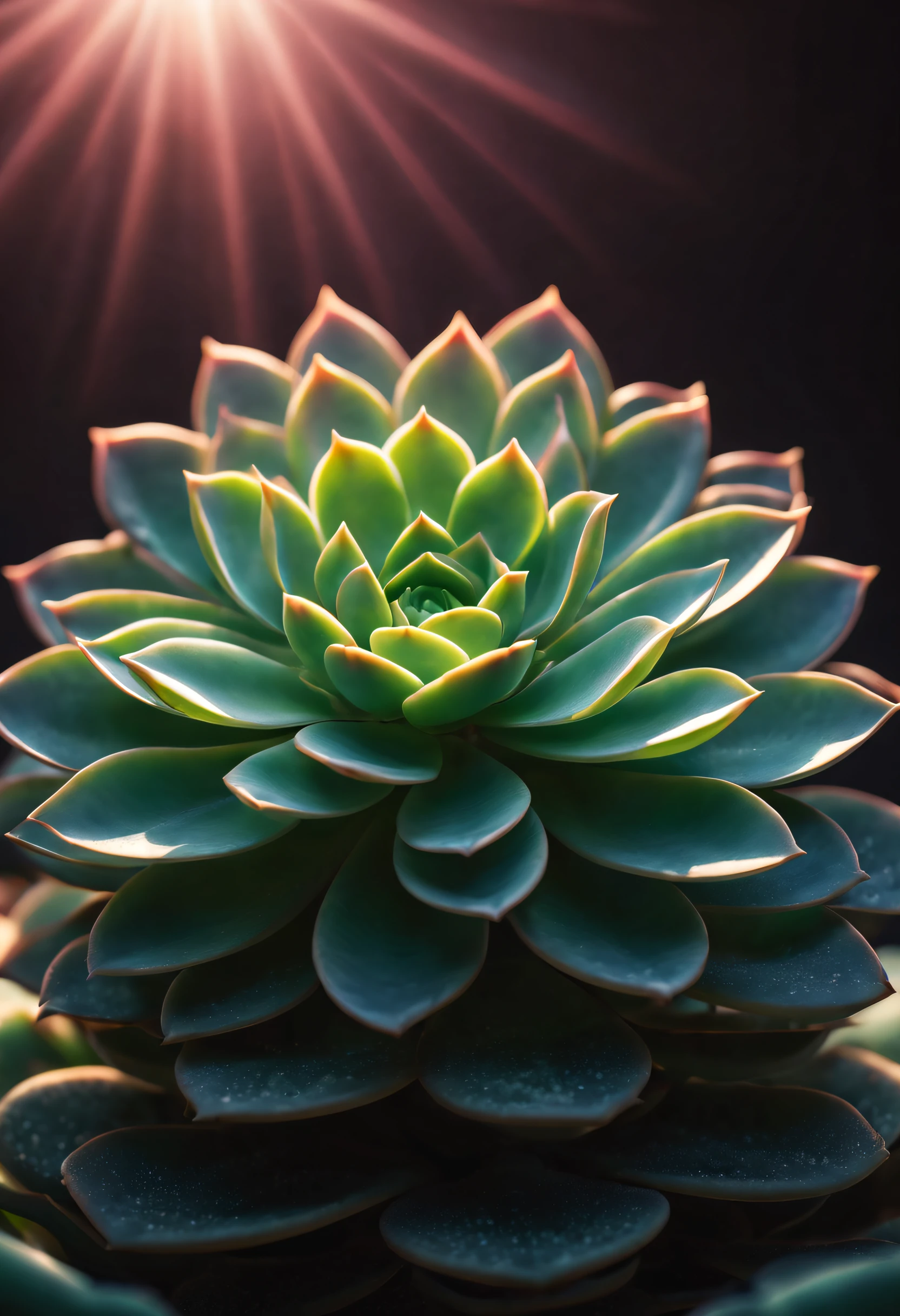 Different varieties of surreal and luminous (succulent plants) blooms in exquisite detail, surrounded by decorative pebbles and small rocks, evoking a symmetrical interplay of minimalist simplicity and bioluminescent splendor., god rays, ray tracing, highres, best quality, high quality, 16k