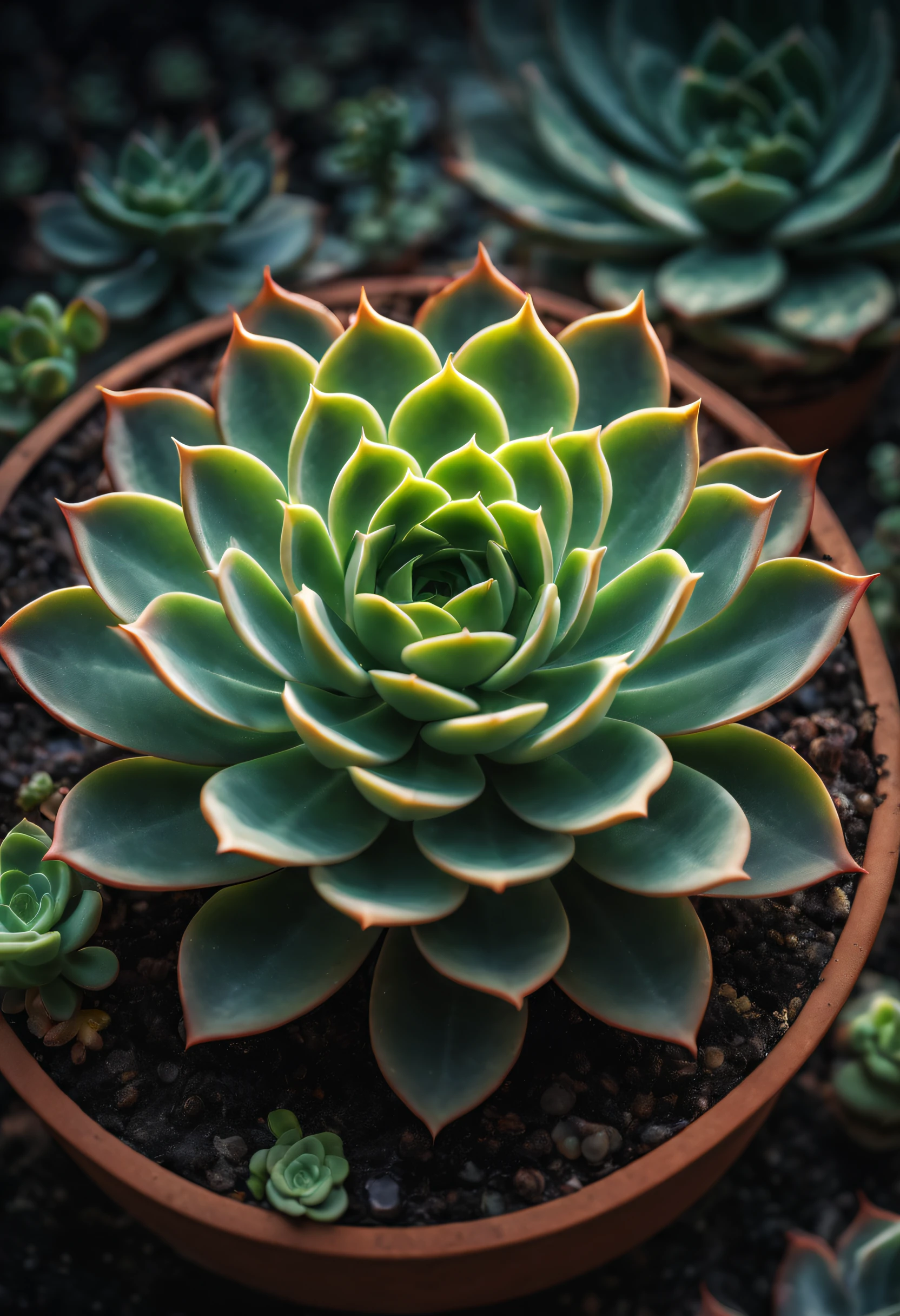 Different varieties of surreal and luminous (succulent plants) blooms in exquisite detail, surrounded by decorative pebbles and small rocks, evoking a symmetrical interplay of minimalist simplicity and bioluminescent splendor., god rays, ray tracing, highres, best quality, high quality, 16k