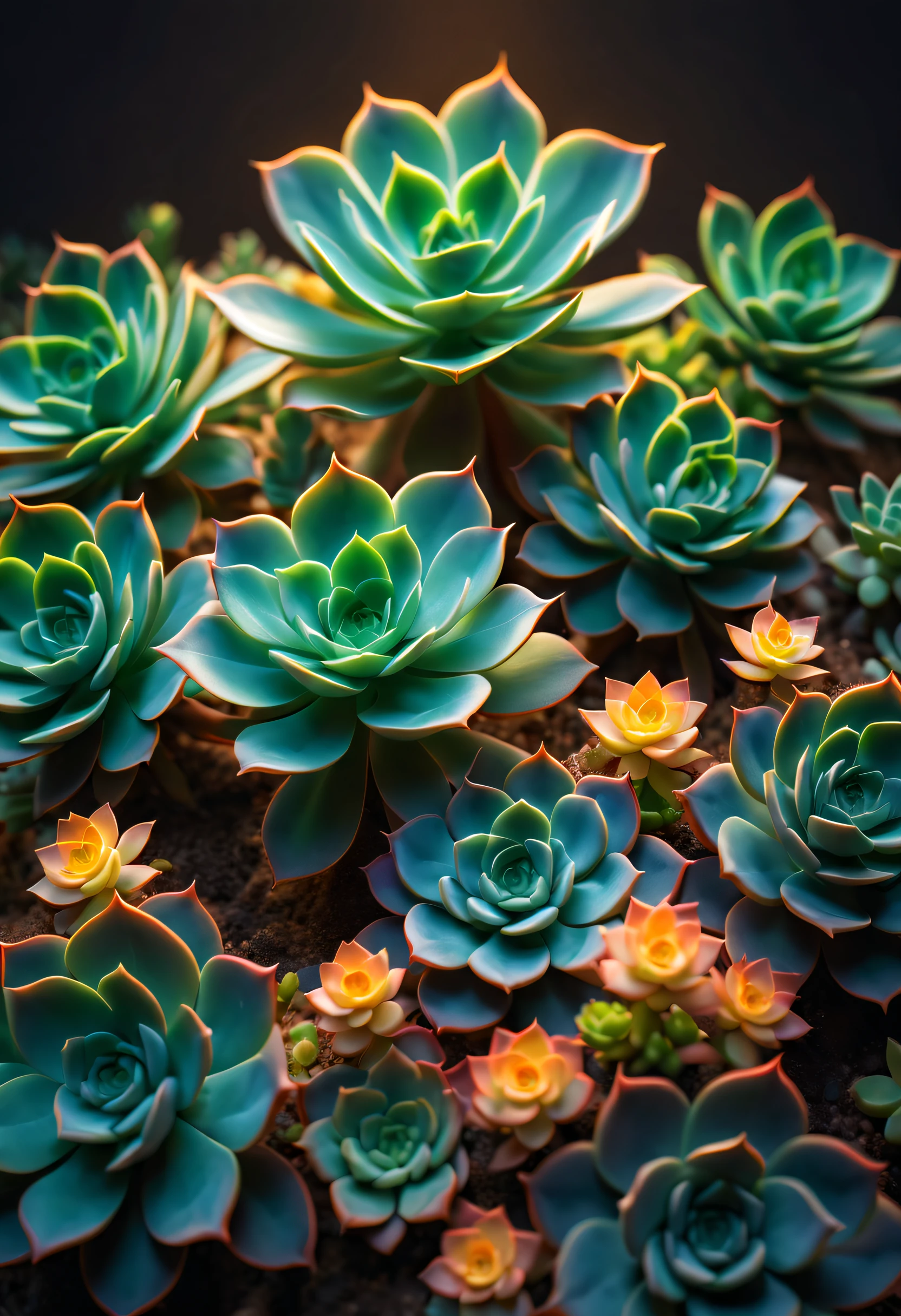 Different varieties of surreal and luminous (succulent plants) blooms in exquisite detail, surrounded by decorative pebbles and small rocks, evoking a symmetrical interplay of minimalist simplicity and bioluminescent splendor., god rays, ray tracing, highres, best quality, high quality, 16k