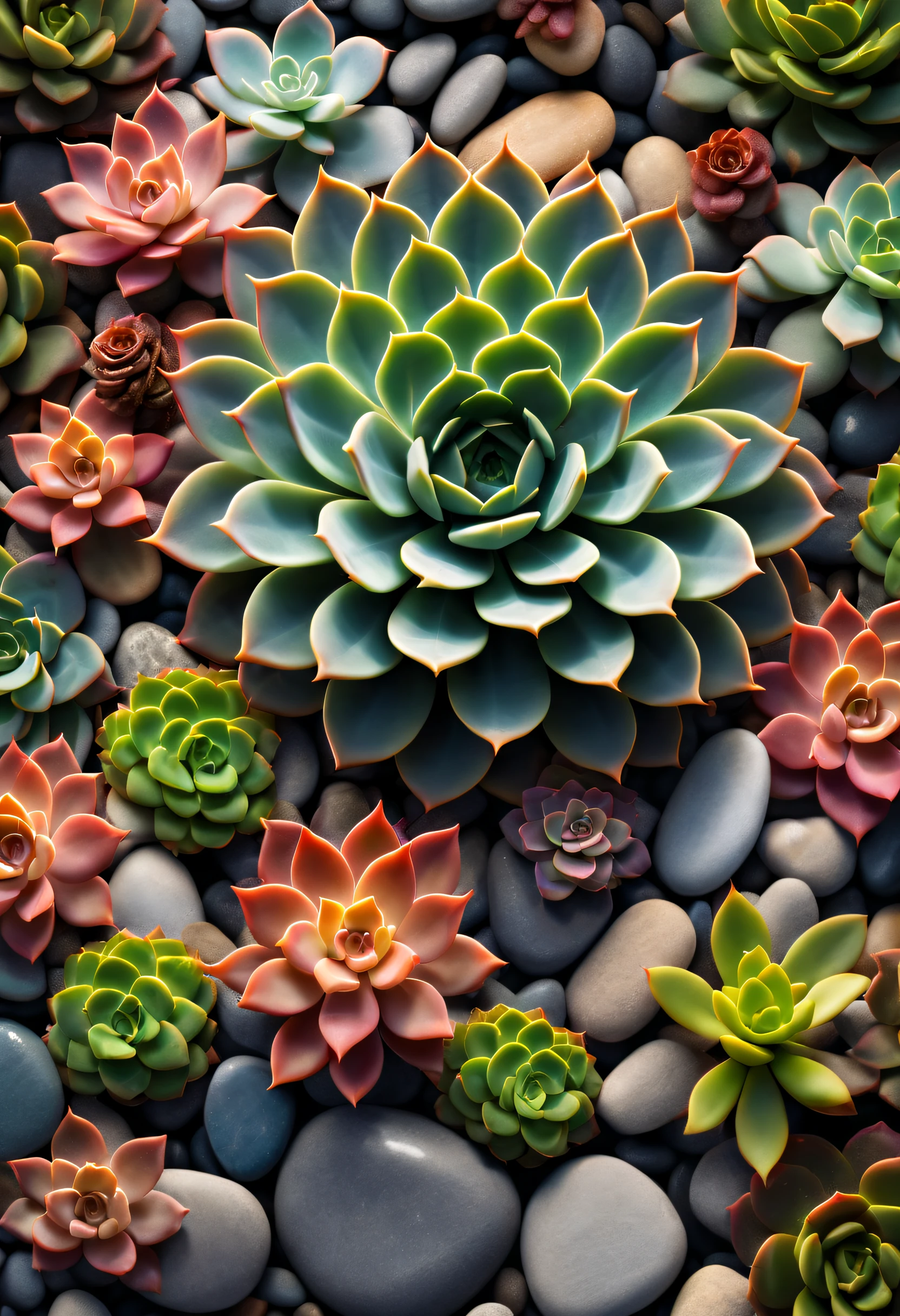 Different varieties of surreal and luminous (succulent plants) blooms in exquisite detail, surrounded by decorative pebbles and small rocks, evoking a symmetrical interplay of minimalist simplicity and bioluminescent splendor., god rays, ray tracing, highres, best quality, high quality, 16k