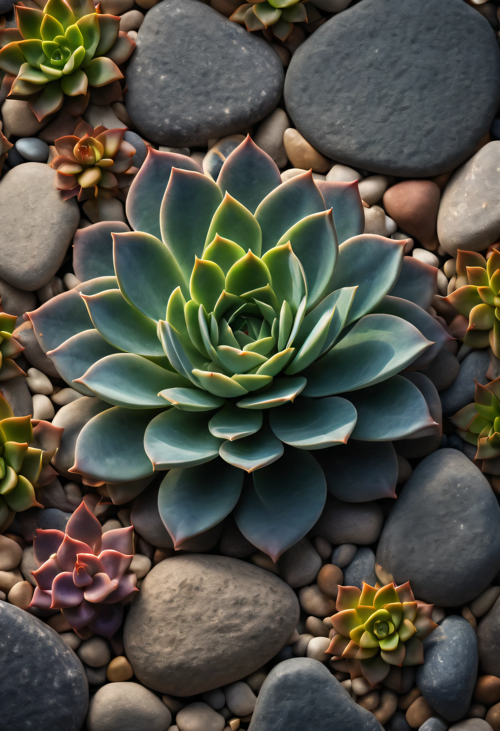 Different varieties of surreal and luminous (succulent plants) blooms in exquisite detail, surrounded by decorative pebbles and small rocks, evoking a symmetrical interplay of minimalist simplicity and bioluminescent splendor., god rays, ray tracing, highres, best quality, high quality, 16k