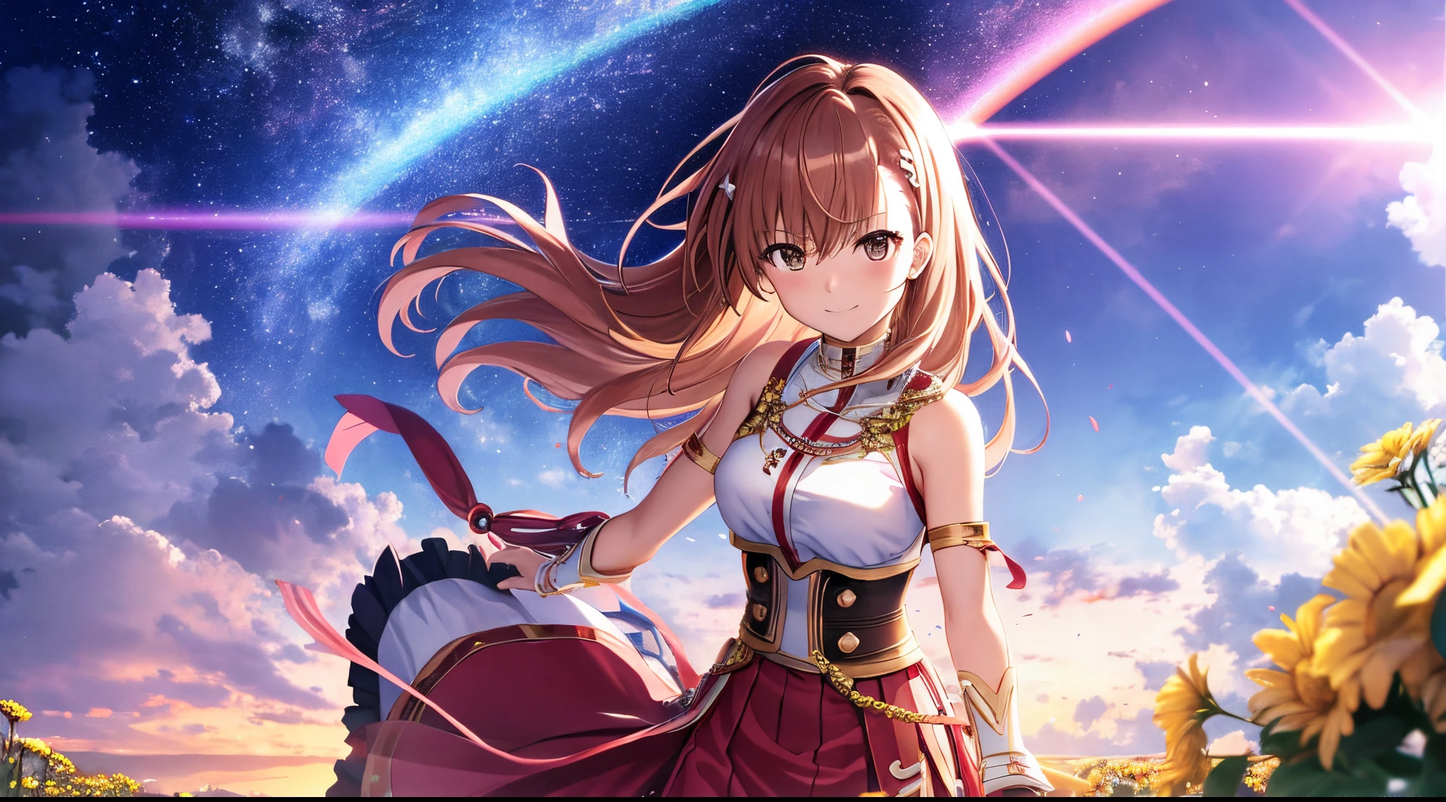 Anime view of Misaka mikoto, 1girl, teen girl, kawaii, solo, chestnut hair, hairpin,brown eyes, standing, looking at viewer,smile,saint seiya armor,praying beads on neck, long skirt,flower fields in greek Acropolis waterfalls,rainbow clouds,anime style,deep depth of field,wide angle view,Lumen Reflections,Screen Space Reflections,Diffraction Grading,Chromatic Aberration,GB Displacement,Scan Lines,Ray Traced,Anti-Aliasing,FXAA,TXAA,RTX,SSAO,Shaders,OpenGL-Shaders,GLSL-Shaders,Post Processing,Post-Production,cell Shading,Tone Mapping,CGI,VFX,SFX,insanely detailed and intricate, 4K