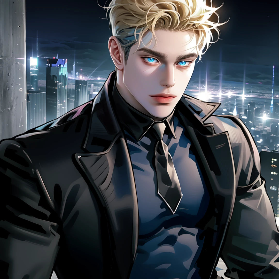 (masterpiece, high quality, best quality), (((solo))), mature man with blond short hair and blue eyes, short blond hair, (((pale skin))), blue eyes, mafia leader, classic black suit , black leather gloves, ((perfect male body)), ideal face, ((masculine)), mature man, adult, 1 man, night neon city, modern, background, outdoor scenery, serene, symmetry, detailed outfit , pixiv, sharp focus, photorealistic, super detailed, cowboy shot