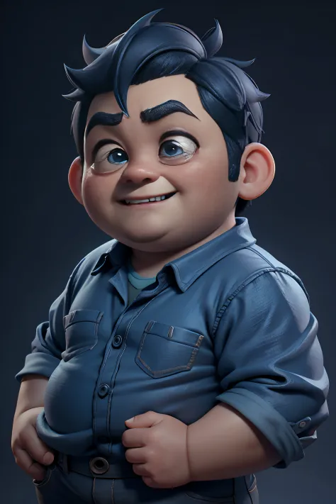 Develop 3D Pixar-style animated characters, 39 years old，Shen Teng，Slightly chubby man，Different facial expressions in blue shir...