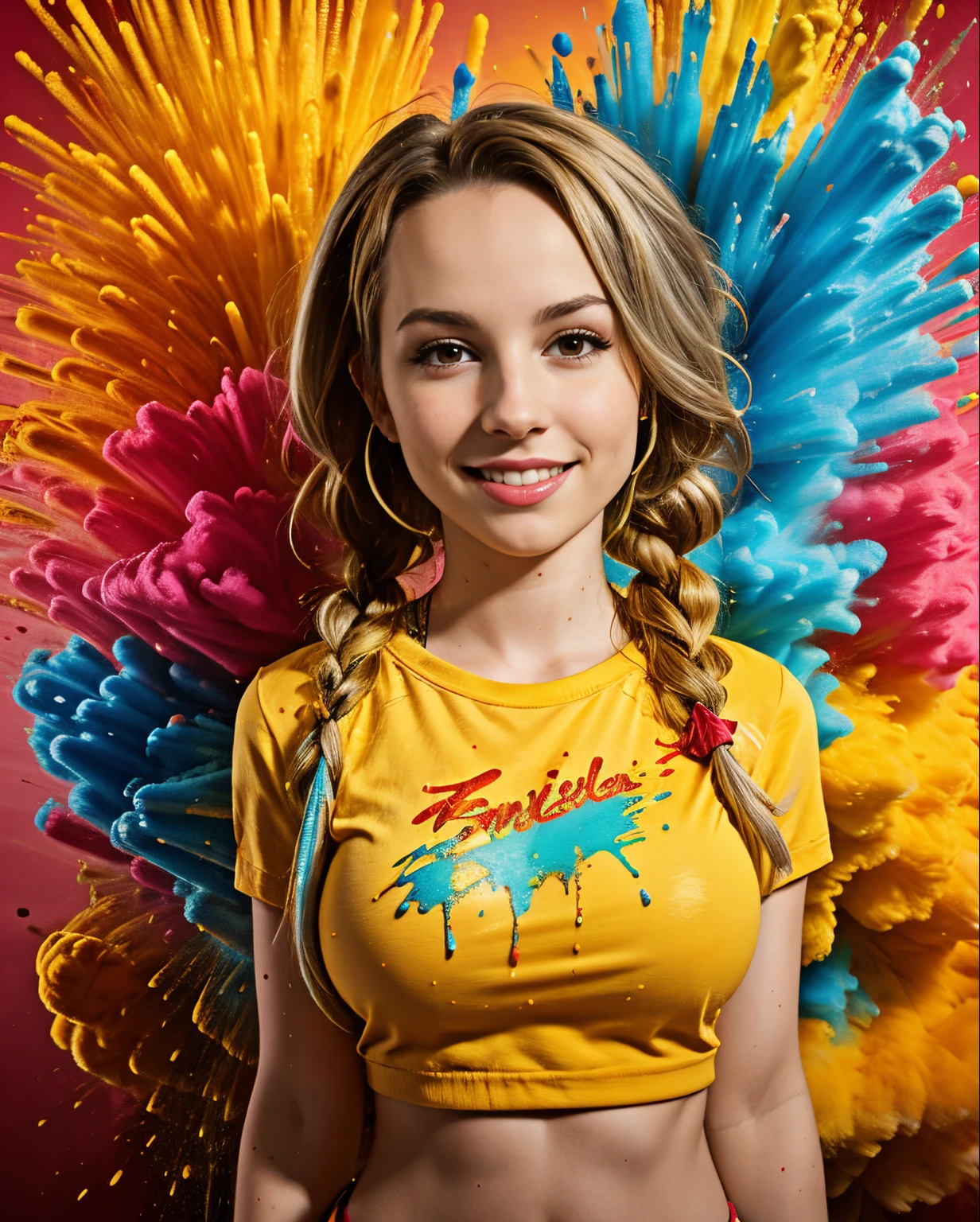 ((bridgit mendler)),master part,best quality,intrincado,aesthetic,Rosto detalhado,Subsurface scattering,Olhando para o Viewer,
1girl,foto de uma menina bonito,corpo inteiro,Sorriso leve,encantador,20 anos,cabelo twintails.crew cut,Steel Gray Hair,colorido,splatter de tinta,Tecelagem,pano,
BigFaketits, seios grandes