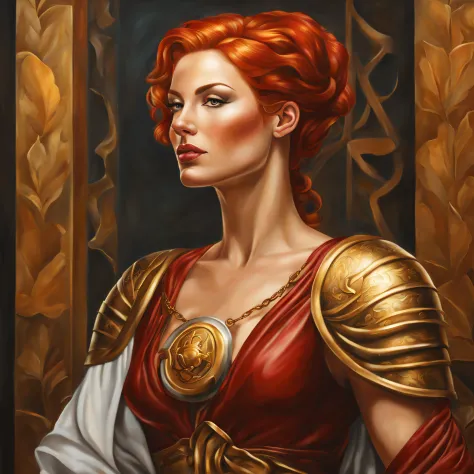 a beautiful warrior woman, with red hair, with golden highlights, with a painting style made by catherine abel, midjourney, 8k