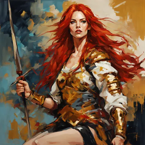 a beautiful warrior woman, with red hair, with golden highlights, with a painting style made by Anna Bocek, midjourney, 8k