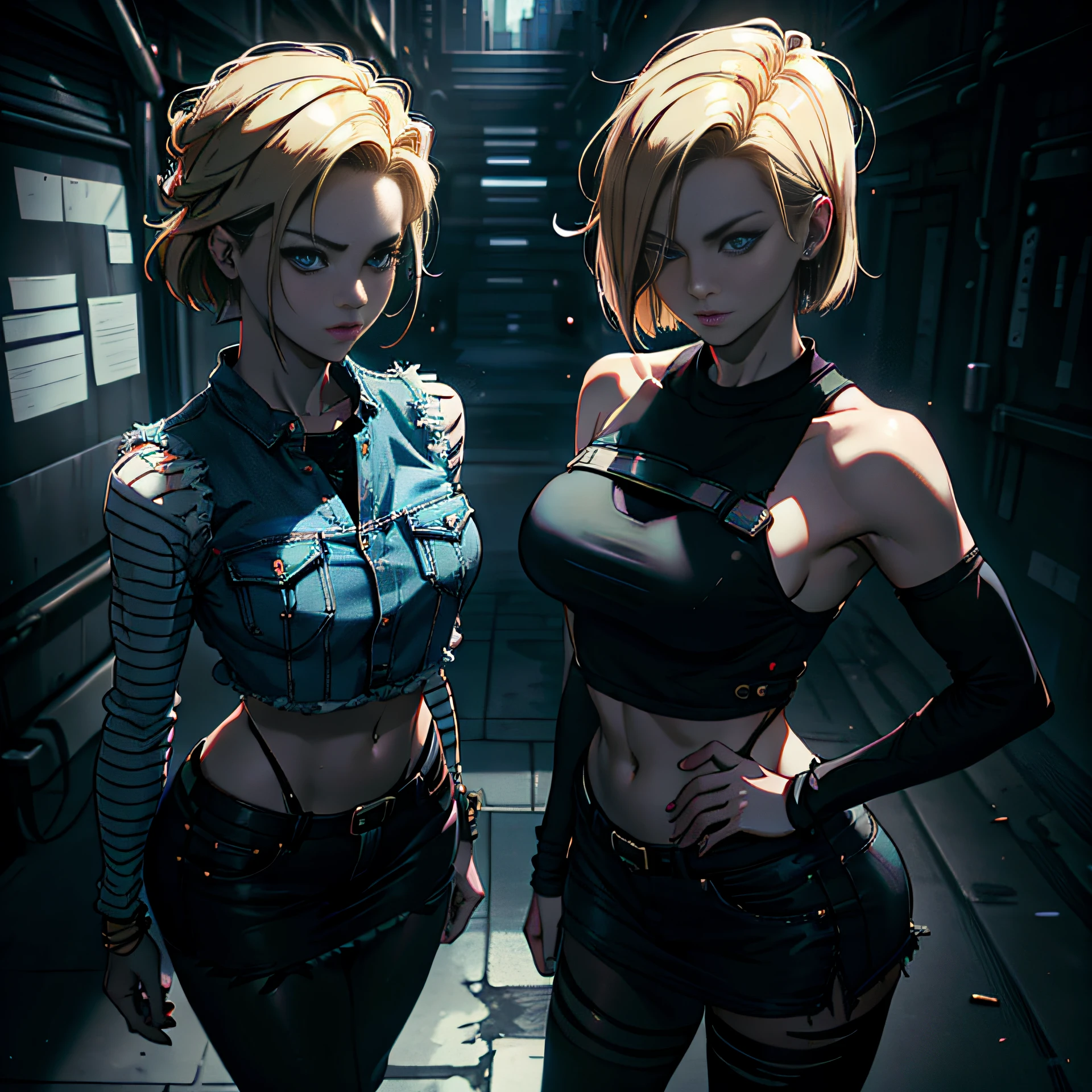 Photorealistic,Realistic illustration in manga style,Masterpiece,best quality,ultra-detailed,perfect anatomy,Perfect hands,highres,and18,1girl,Ulzzang-6500-v1,E-girl,Exceptionally Beauty Waifu Emma Stone as android 18,Only,blonde hair,blue eyes,short hair,earrings,jewelry,denim vest,open vest,black pantyhose,black shirt,denim skirt,striped long sleeves,blue skirt,medium breasts,Full body portrait,street,Perfect detailed eyes,(Externally expanded Chest:1.2), (Strapless:1.2), off-the-shoulder,intricate details,cg unity 8k wallpaper,octane render,Extremely CG unity 8k wallpaper,Extremely beautiful and aesthetic,Extremely beautiful and delicate,Perfect detailed body,