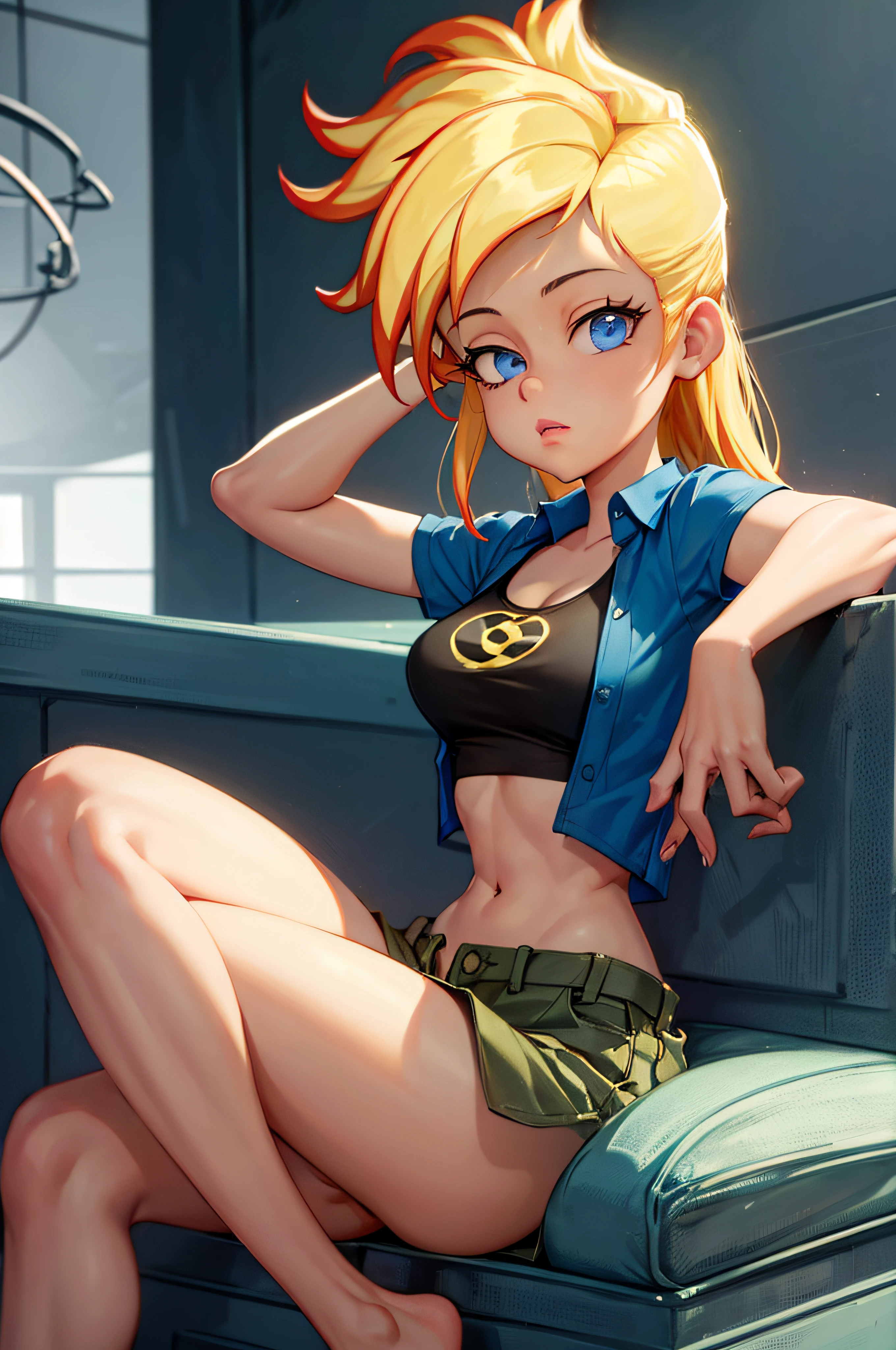 ((masterpiece, best quality)),(complex light),1girl, solo, portrait, jenny test, blonde hair,blue eyes, pants, running, midriff, open shirt, tank top, long hair, short sleeves shirt, looking at the viewer, sitting, barefoot
