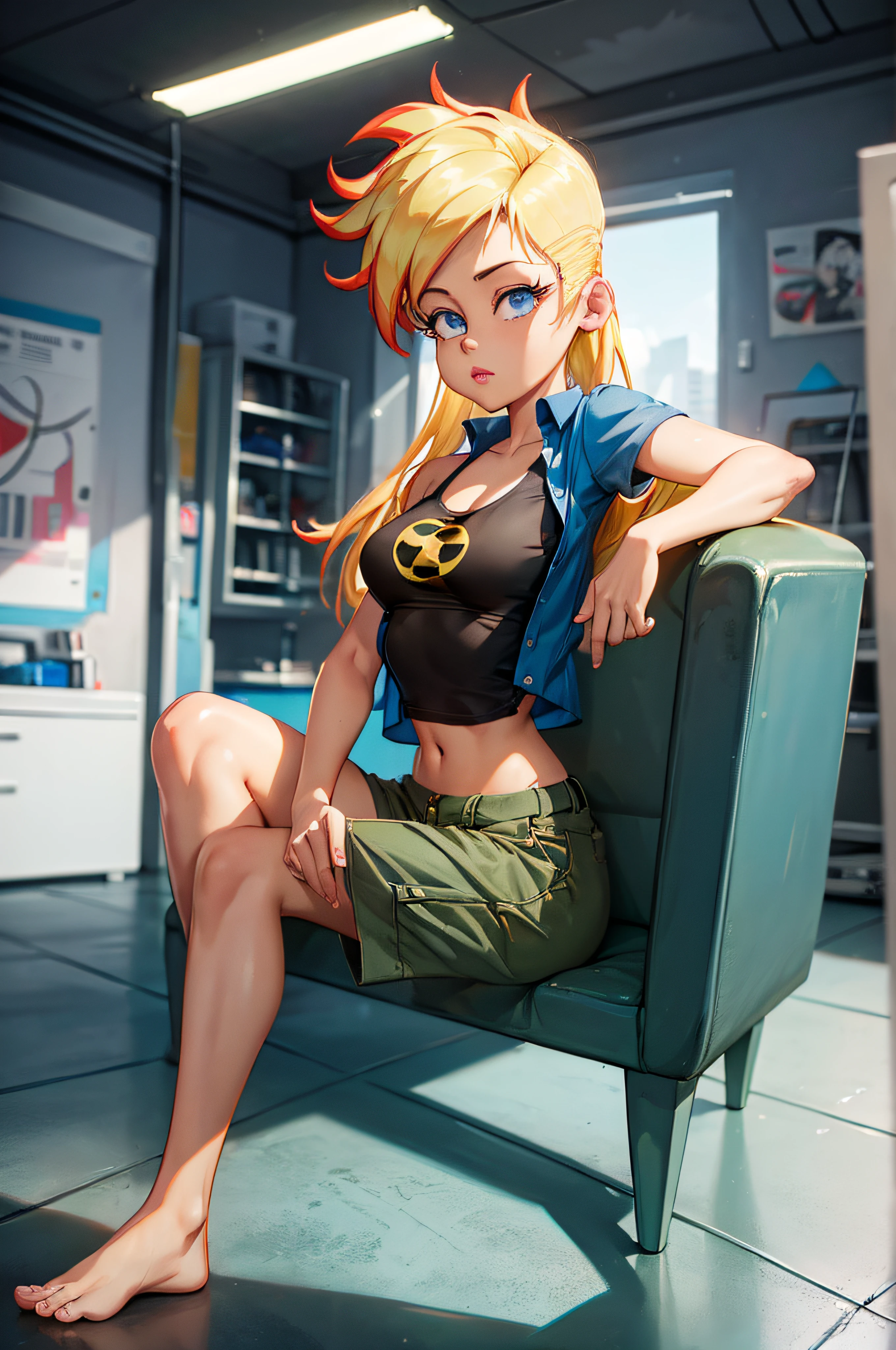 ((masterpiece, best quality)),(complex light),1girl, solo, portrait, jenny test, blonde hair,blue eyes, pants, running, midriff, open shirt, tank top, long hair, short sleeves shirt, looking at the viewer, sitting, barefoot