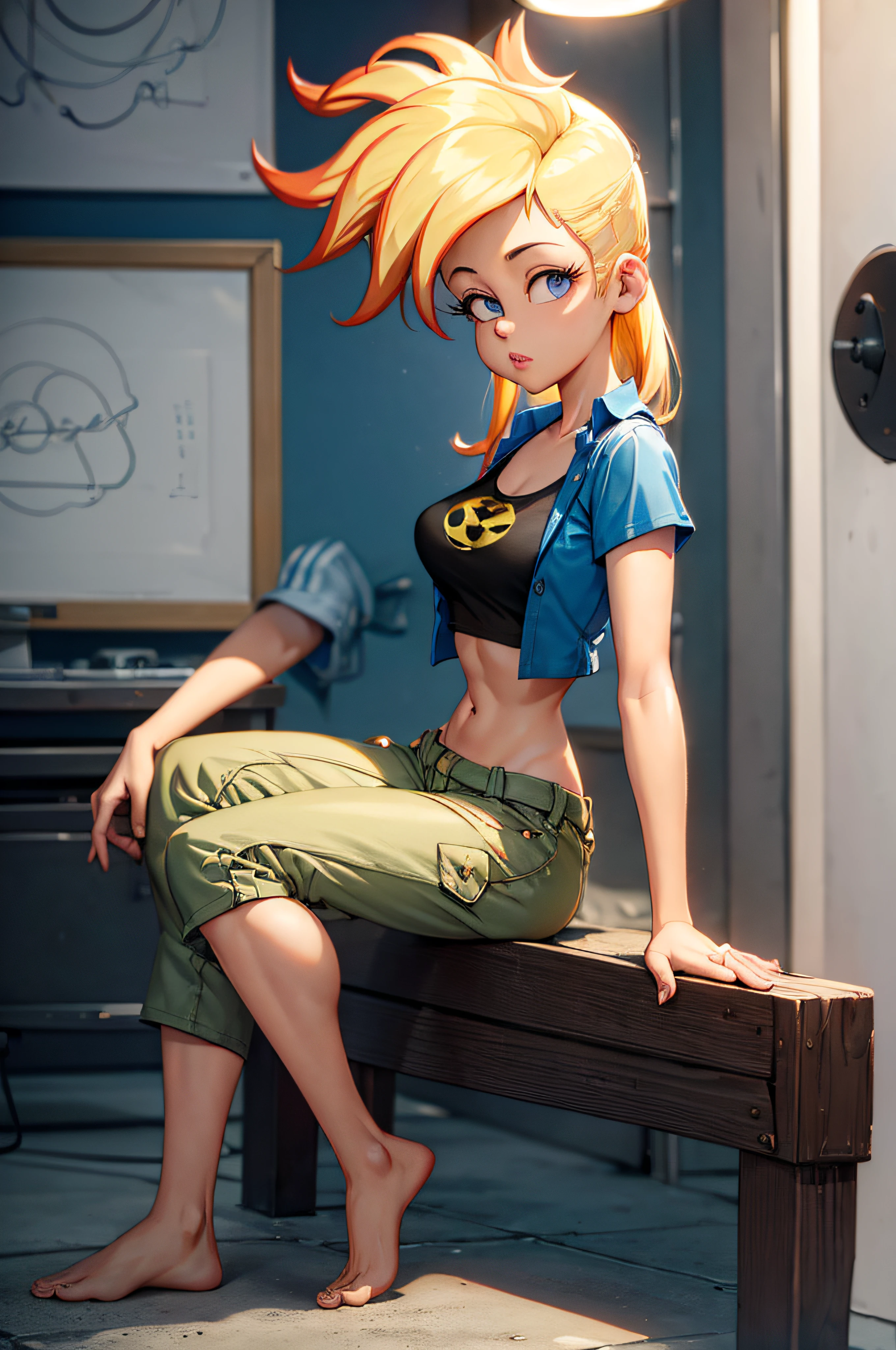 ((masterpiece, best quality)),(complex light),1girl, solo, portrait, jenny test, blonde hair,blue eyes, pants, running, midriff, open shirt, tank top, long hair, short sleeves shirt, looking at the viewer, sitting, barefoot