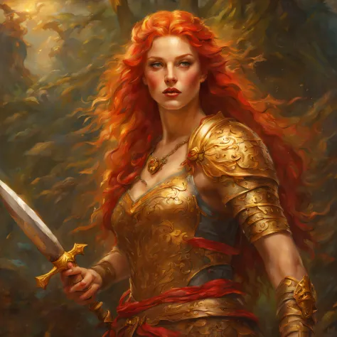 a beautiful warrior woman, with red hair, with golden highlights, with a painting style done by Gaston Bussiere, midjourney, 8k