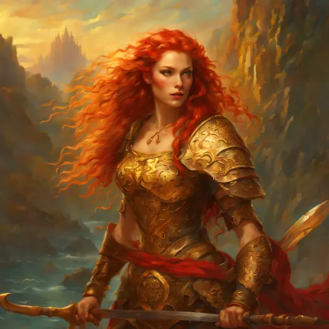 a beautiful warrior woman, with red hair, with golden highlights, with a painting style done by Gaston Bussiere, midjourney, 8k