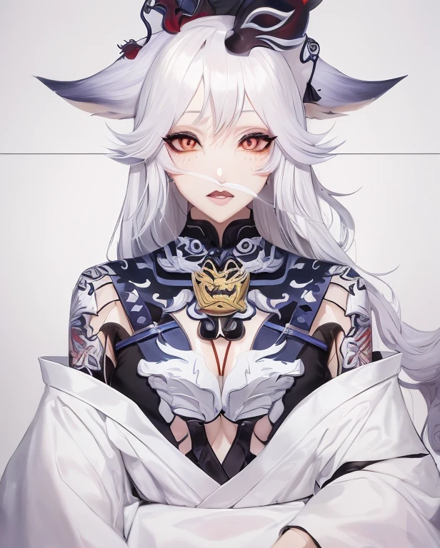 anime - imagen de estilo de una mujer con cabeza de cabra y una espada, Arte detallado de Onmyoji, Armadura inspirada en Kitsune, Retrato de Onmyoji, Chica de anime demonio, Deidad de pelo blanco, fanart detallado, Onmyoji, Personaje de anime; Arte de cuerpo completo, Arte detallado del anime digital, Anime Mujer Arte de cuerpo completo, con ojos rojos brillantes, Arte digital en Pixiv