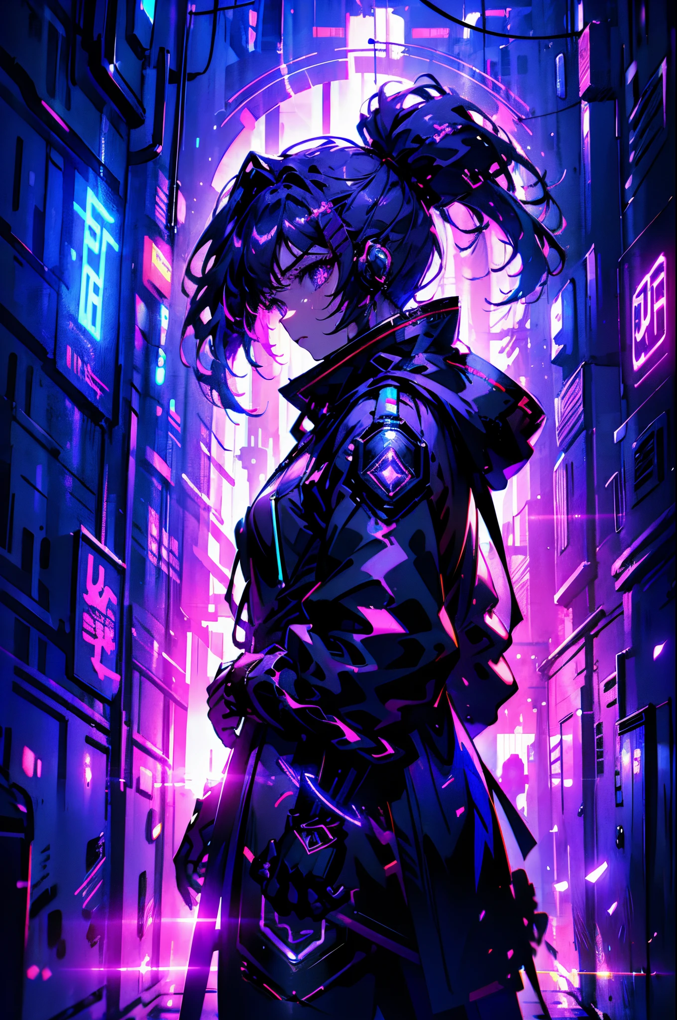 Na cidade Cyberpunk, um garotinho em pé em ângulo com um holo sobre a cabeça , seu vestido pode refletir luzes ao redor, Retrato lateral,meio corpo, na multidão olhando diretamente, Iluminação da cidade cyber punk em segundo plano, 3d anime, niji anime. alta qualidade, 8K ultra-HD , alta resolução