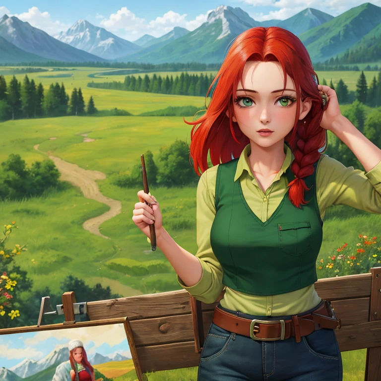 1girl, pretty face, 25 years old, red hair, braid on shoulder, green shirt, green vest, gray cargo pants, belt BREAK standing at easel, painting a landscape, open meadow, forest, mountains in the background