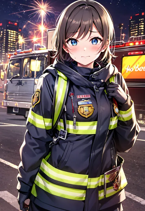 masterpiece, best quality, 1girl, watanabe you, looking at viewer, blush,, bangs,  small breast,, short hair,,blue eyes, firefighter suit, firefighting gear, fire kit, sweaty, dirty, smudgy, tired, toned body, abs, , standing in front of a red firetruck, c...