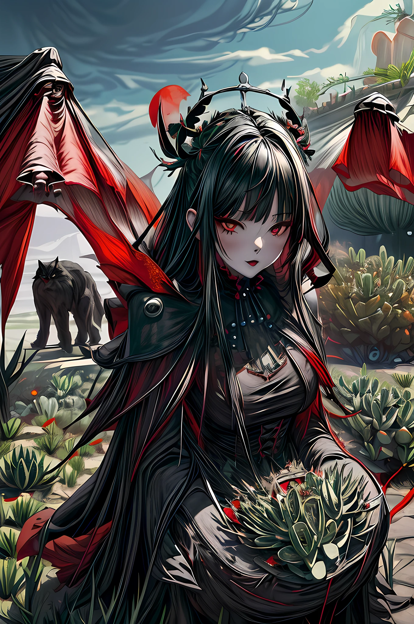 picture of a vampire woman resting in a (black:1.2) and (red:1.2) colored succulents meadow, full body, an exquisite beautiful (ultra detailed, Masterpiece, best quality: 1.4) female vampire woman, dynamic angle (best detailed, Masterpiece, best quality), ultra detailed face (ultra detailed, Masterpiece, best quality), ultra feminine, grey skin, blond hair, wavy hair, dynamic eyes color, cold eyes, glowing eyes, intense eyes, dark red lips, [fangs], wearing white dress, elegant style dress (ultra detailed, Masterpiece, best quality), wearing blue cloak (ultra detailed, Masterpiece, best quality), long cloak, flowing cloak (ultra detailed, Masterpiece, best quality), wearing high heeled boots, resting in (black and red colored succulents meadow: 1.6), full colored, (perfect spectrum: 1.3),( vibrant work: 1.4) vibrant shades of red, and black) moon rising, moon light, its night time, high details, fantasy art, RPG art best quality, 16k, [ultra detailed], masterpiece, best quality, (ultra detailed), full body, ultra wide shot, photorealistic