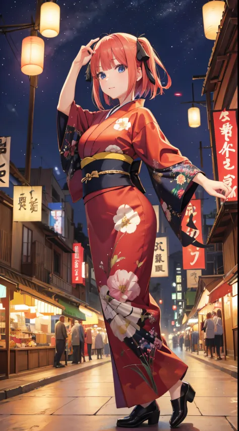 Nino Nakano ,manos detalladas,pose sexy,vestido kimono,festival de noche