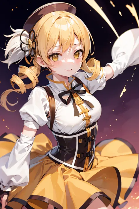 masutepiece, Best Quality, 1girl in, (Mami Tomoe), Blonde hair, Drill Hair, twin drills, (Yellow eyes:1.2), Brown gloves, corsets, Detached sleeves, Fingerless gloves, Smile, hat, magical little girl, Puffy sleeves, striped thigh, Yellow skirt, coverd nipp...