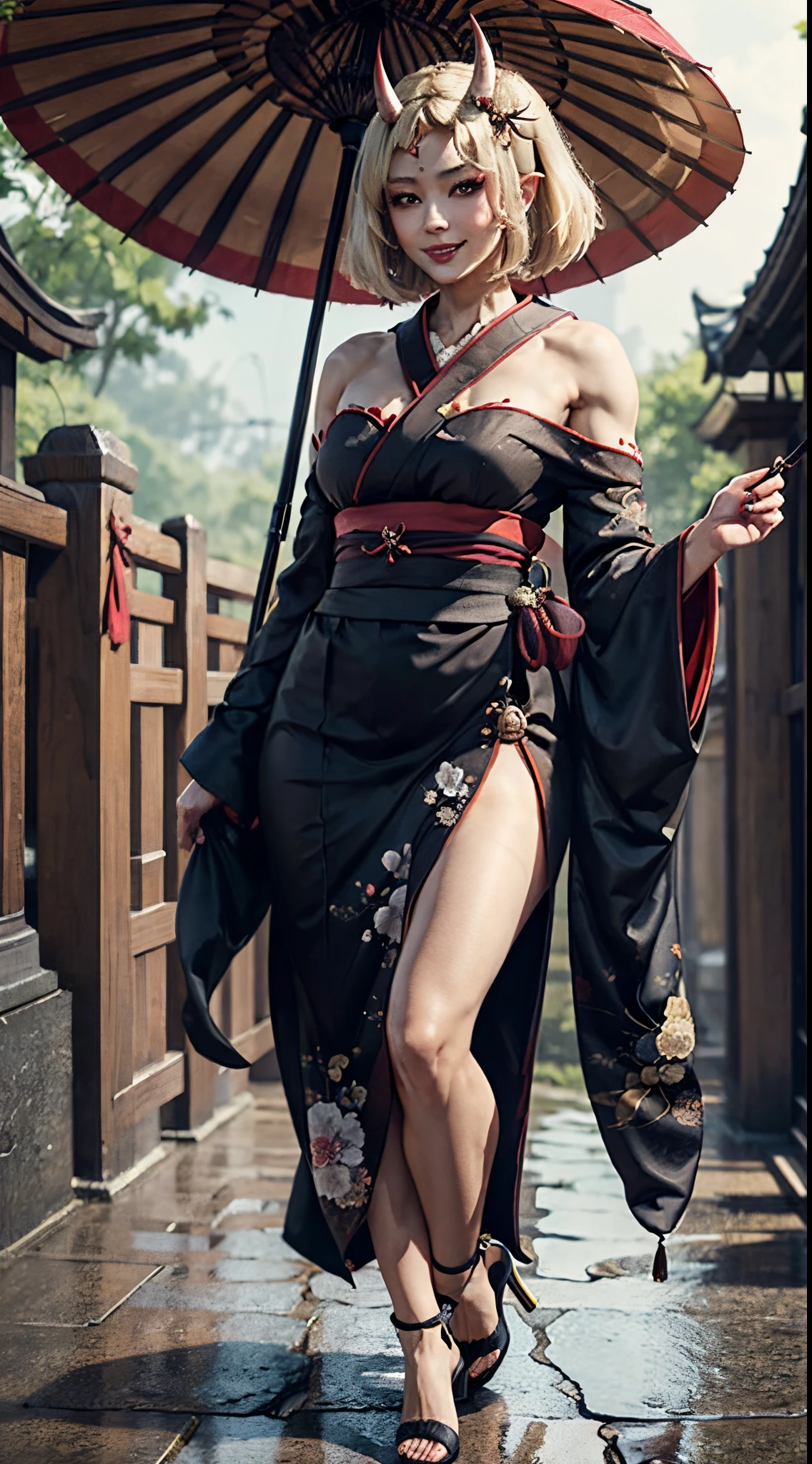 Masterpiece, highlydetailed, Hyperrealistic, HD fullbodyshot of beautiful geisha female with blond bob haircut, hairpins, wearing a falloff shoulders kimono holding Japanese umbrella, wearing high-heels geisha footwear, perfect face features with seductive look and charming smile, perfect body shape curvy, thick and muscular body, oni horn