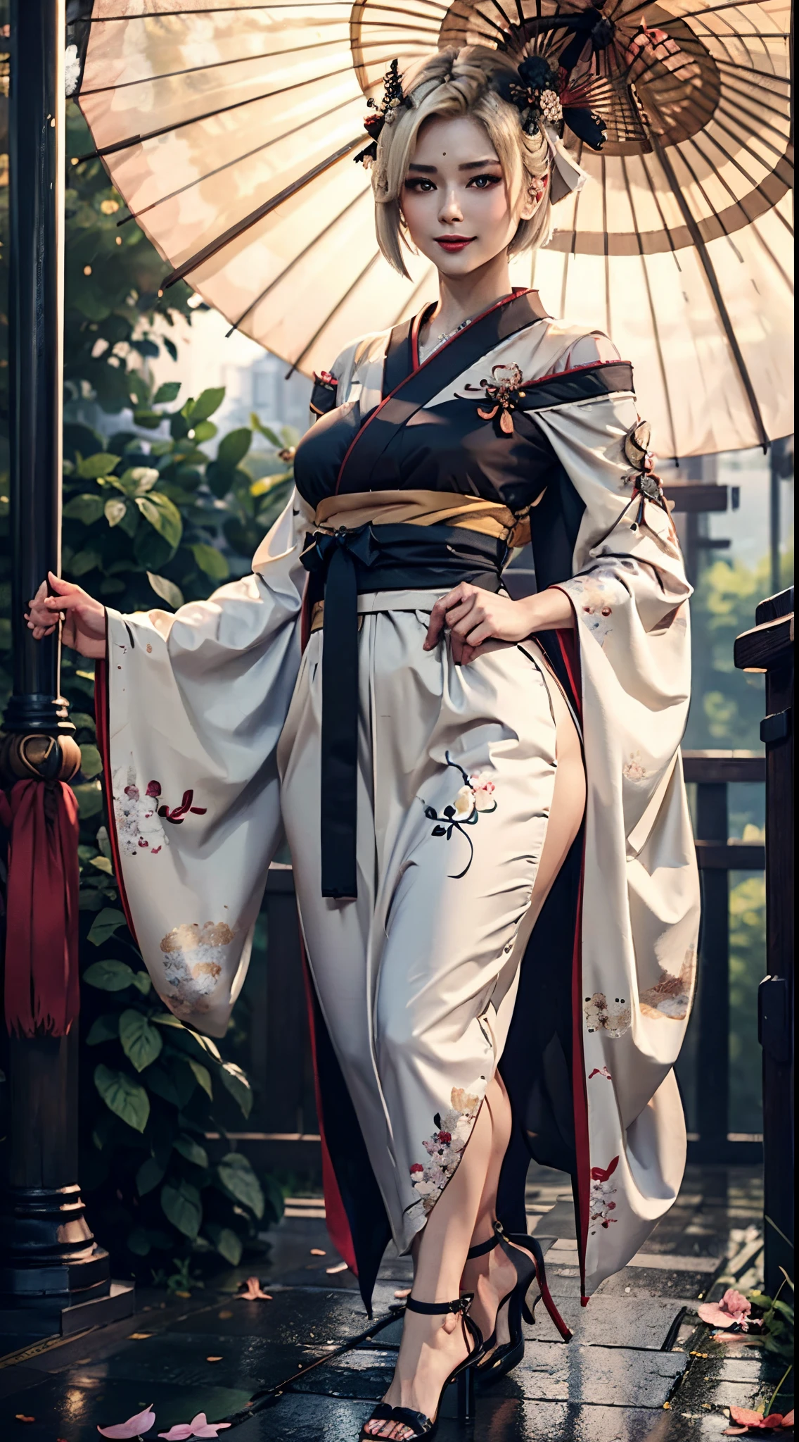 chef-d&#39;œuvre, très détaillé, hyperréaliste, Fullbodyshot HD d&#39;une belle geisha avec une coupe de cheveux blonde, épingles à cheveux, portant un kimono aux épaules tombantes tenant un parapluie japonais, porter des chaussures de geisha à talons hauts, des traits de visage parfaits avec un look séduisant et un sourire charmant, silhouette parfaite et courbée, corps épais et musclé, oni corne