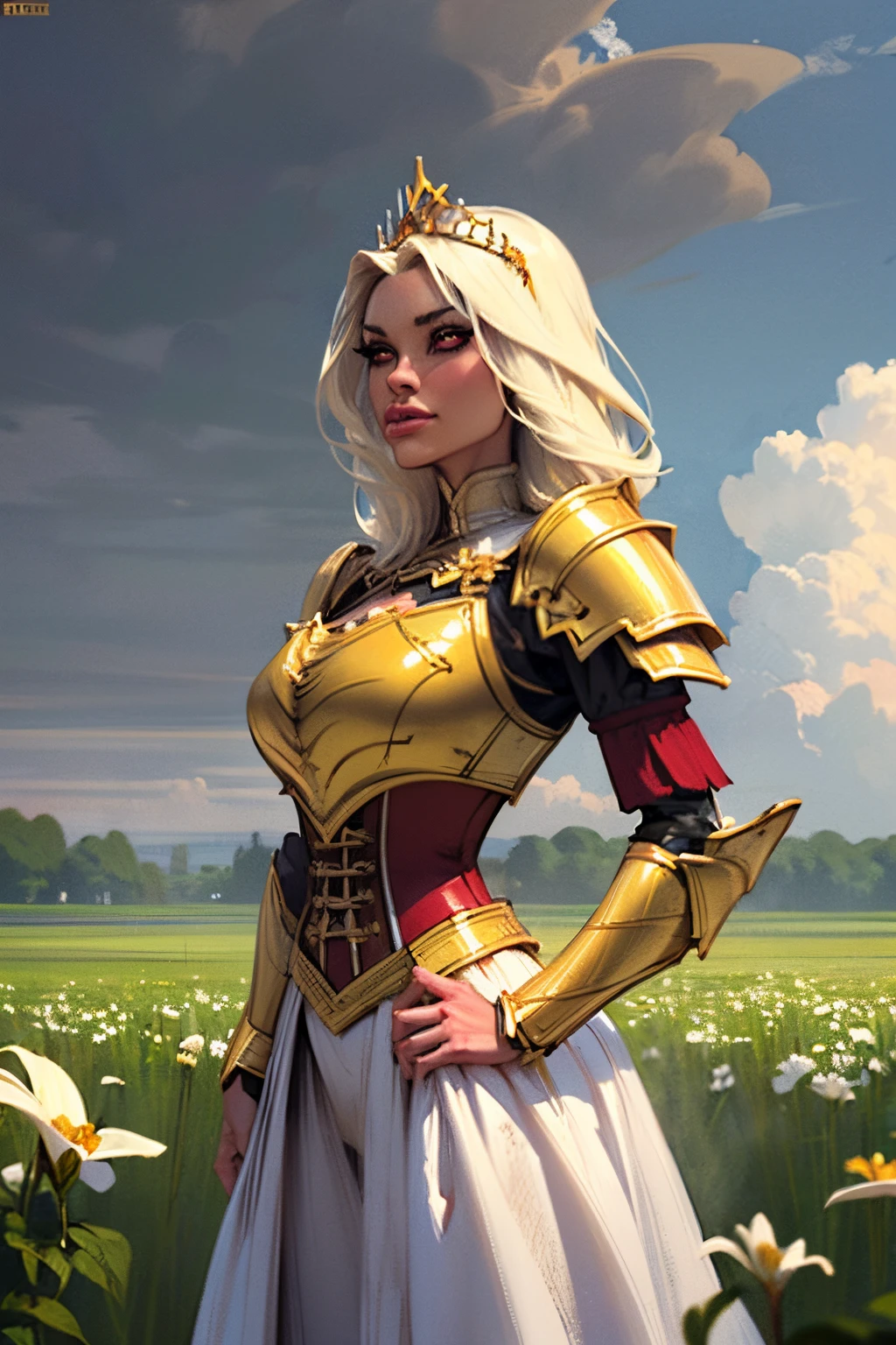 ((Dramatic pose:1.3)), turning around, radiant aura, (best quality,8k,ultra-detailed:1.2),(pale,glowing skin),(red eyes:1.1),(cinematic lighting:1.1),(dark,dim),(gold tiara armor:1.4)(long flowing white hair),(beautiful intricate face,detailed features),(dark red dress:silky),(intense gaze),(golden shoulder armor:1.3), (gold corset armor:1.2), (viewing audience),(unbelievably detailed 8K CG wallpaper),(artistic cinematic lighting with neutral filter),((overcast clouds, fields background:1.4))