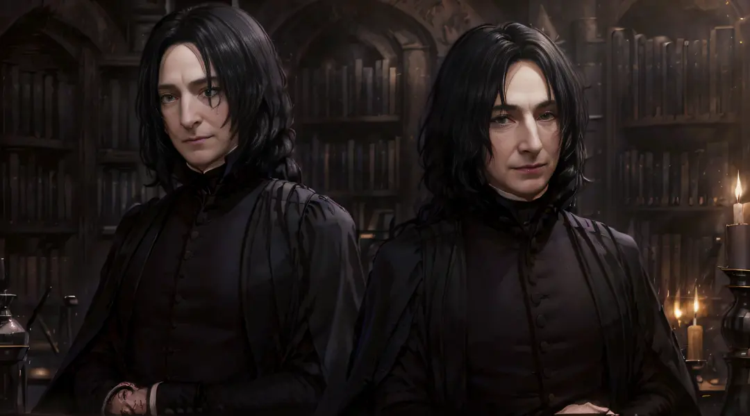masterpiece, top quality, ((only one man)), this man is ((Severus Snape)), ((hooked nose), ((black_hair)) and ((black_eyes)), ((shoulder length hair)), ((smiling seductively)), ((bookshelves in background)), ((alone)), night, ((soft candlelight))